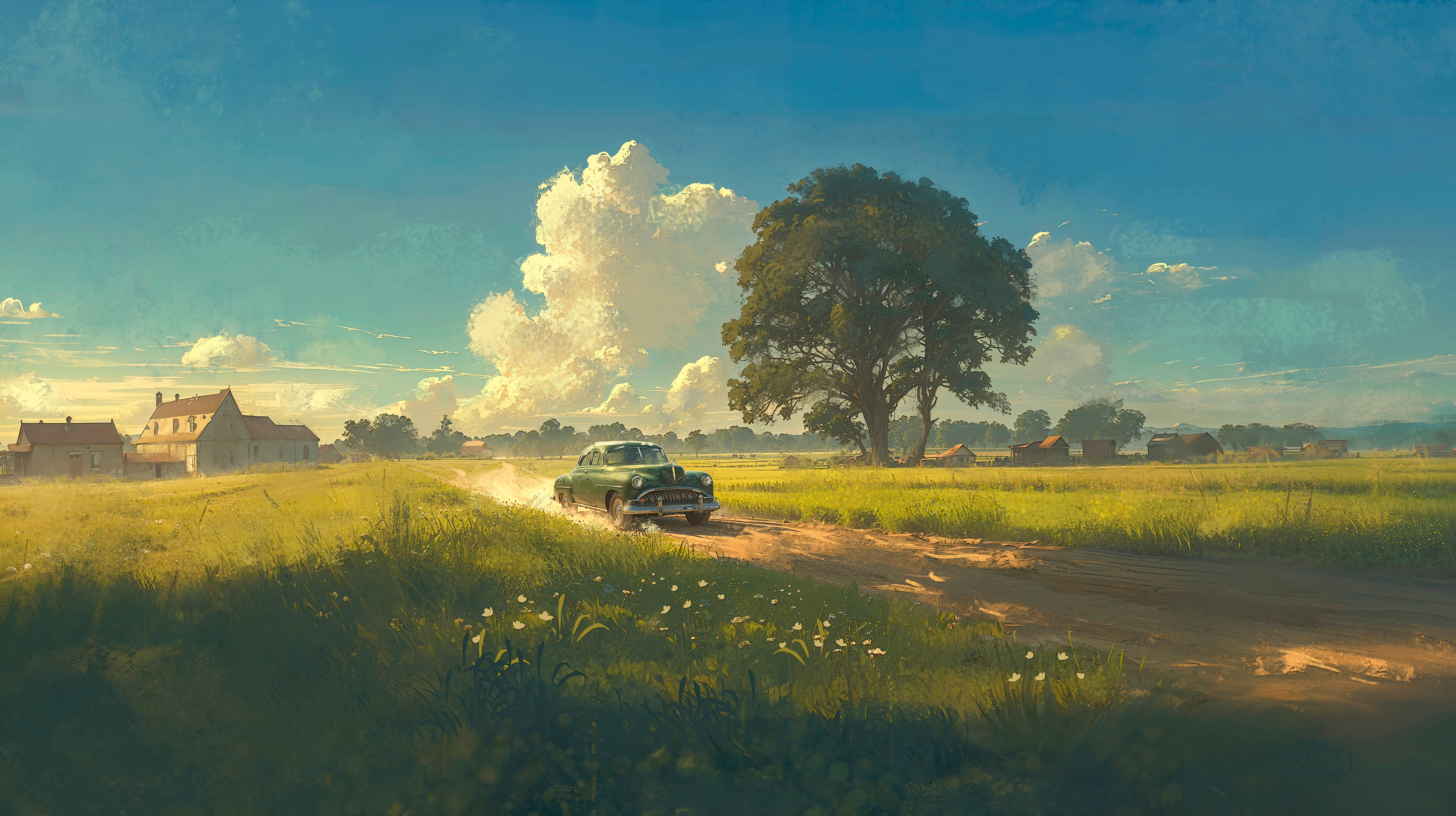 Guillem H Pongiluppi Digital Art Artwork Illustration Vehicle Car Landscape Road Daylight Field Natu 3500x1961