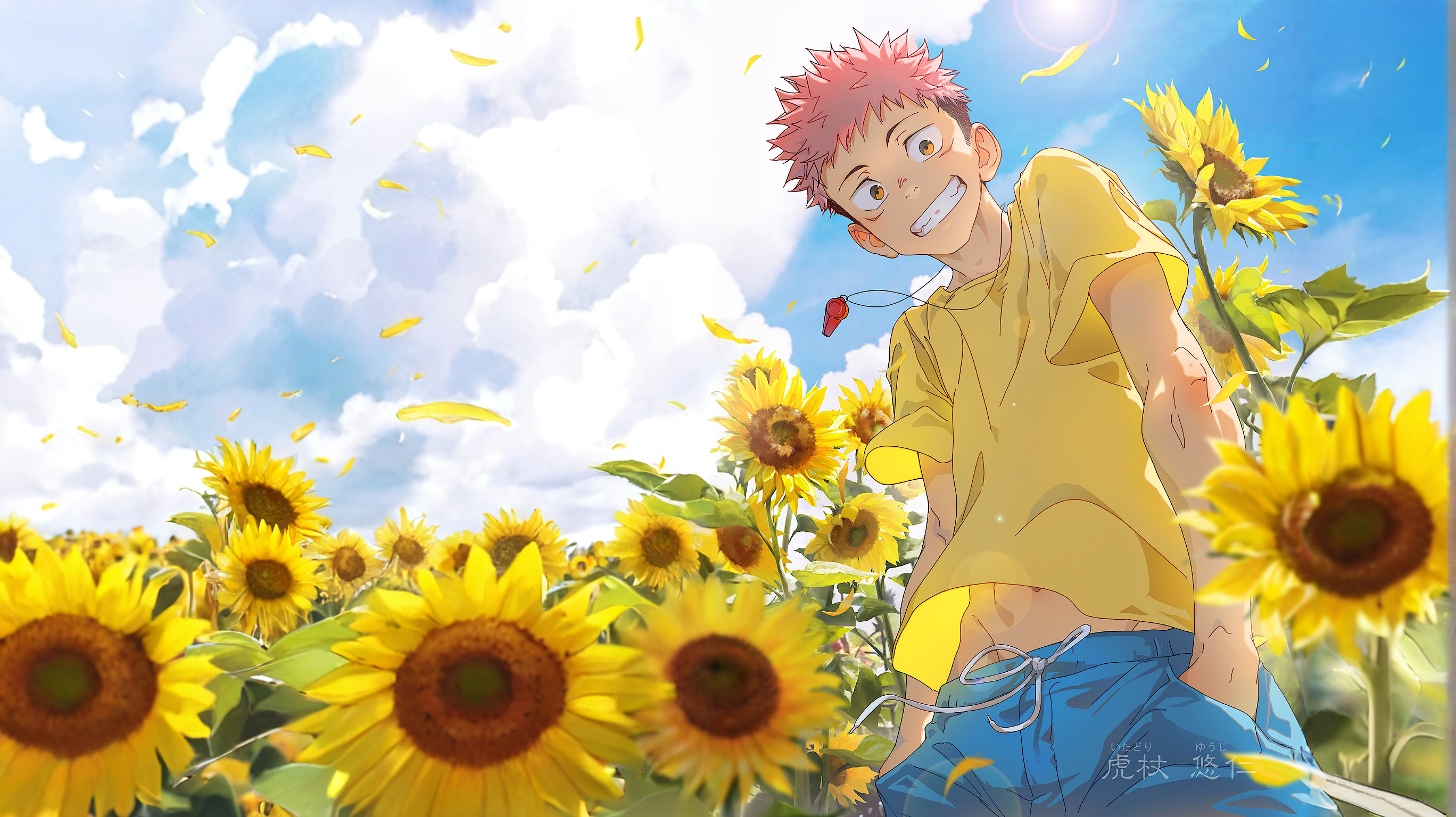 Jujutsu Kaisen Yuji Itadori Yellow Shirt Sunflowers Sky Blue Beitemian Anime Boys 2736x1536