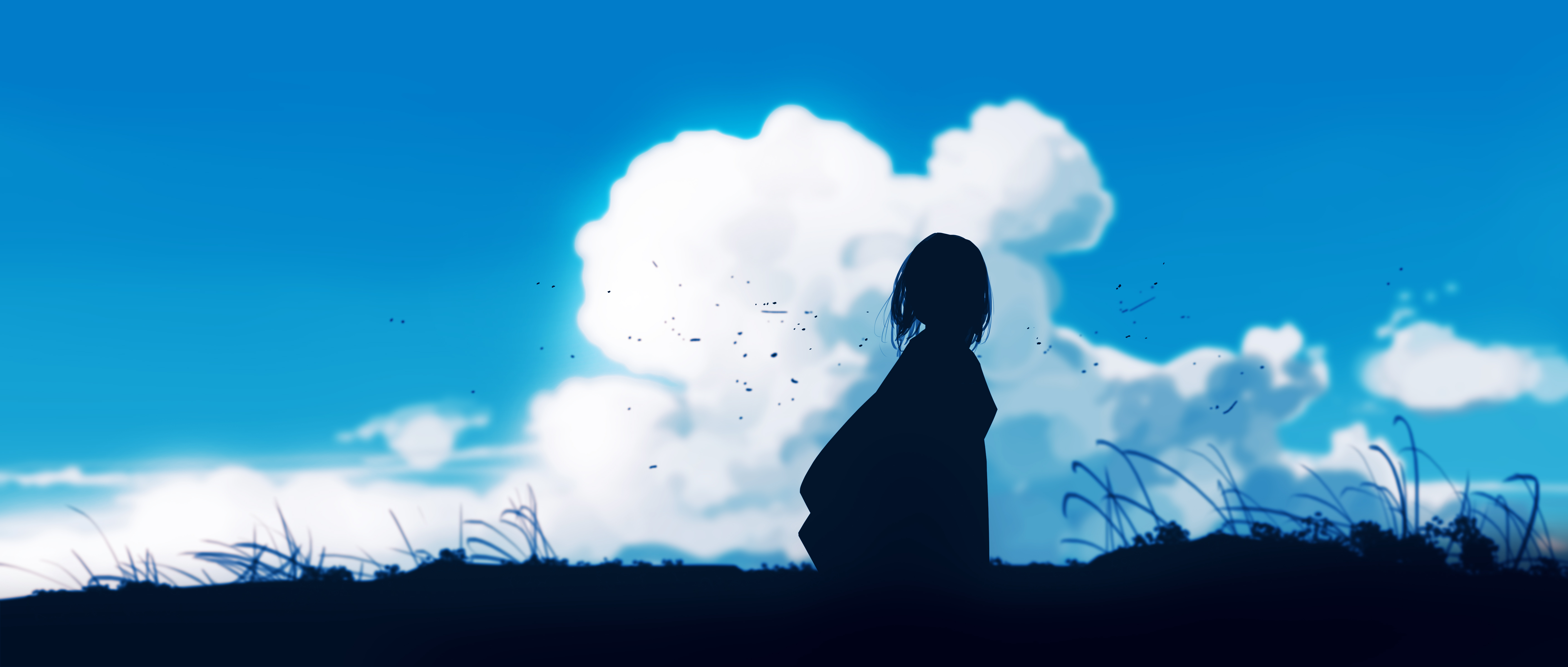 Anime Anime Girls Gracile Landscape Sky Clouds Grass 5640x2400
