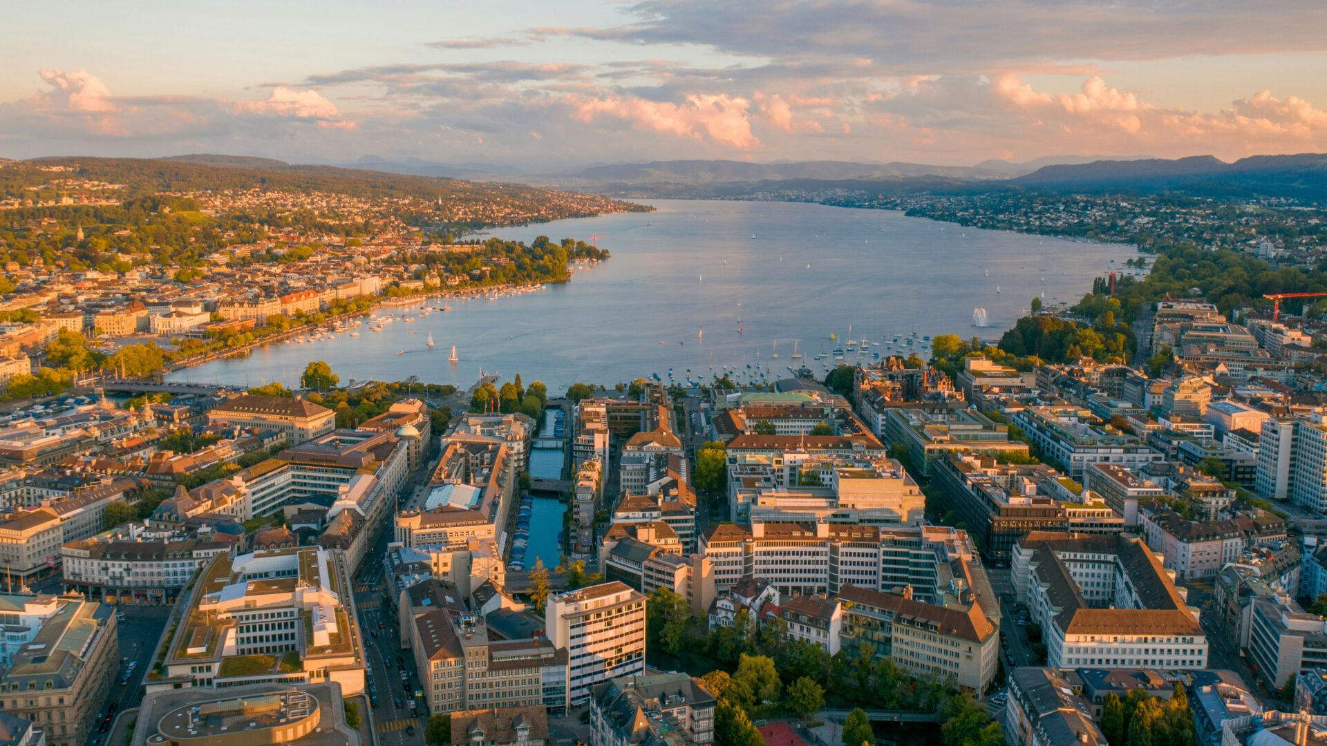 Building Urban City Zurich Switzerland Cityscape Rooftops Lake Aerial View Sky Clouds Yacht 1920x1080