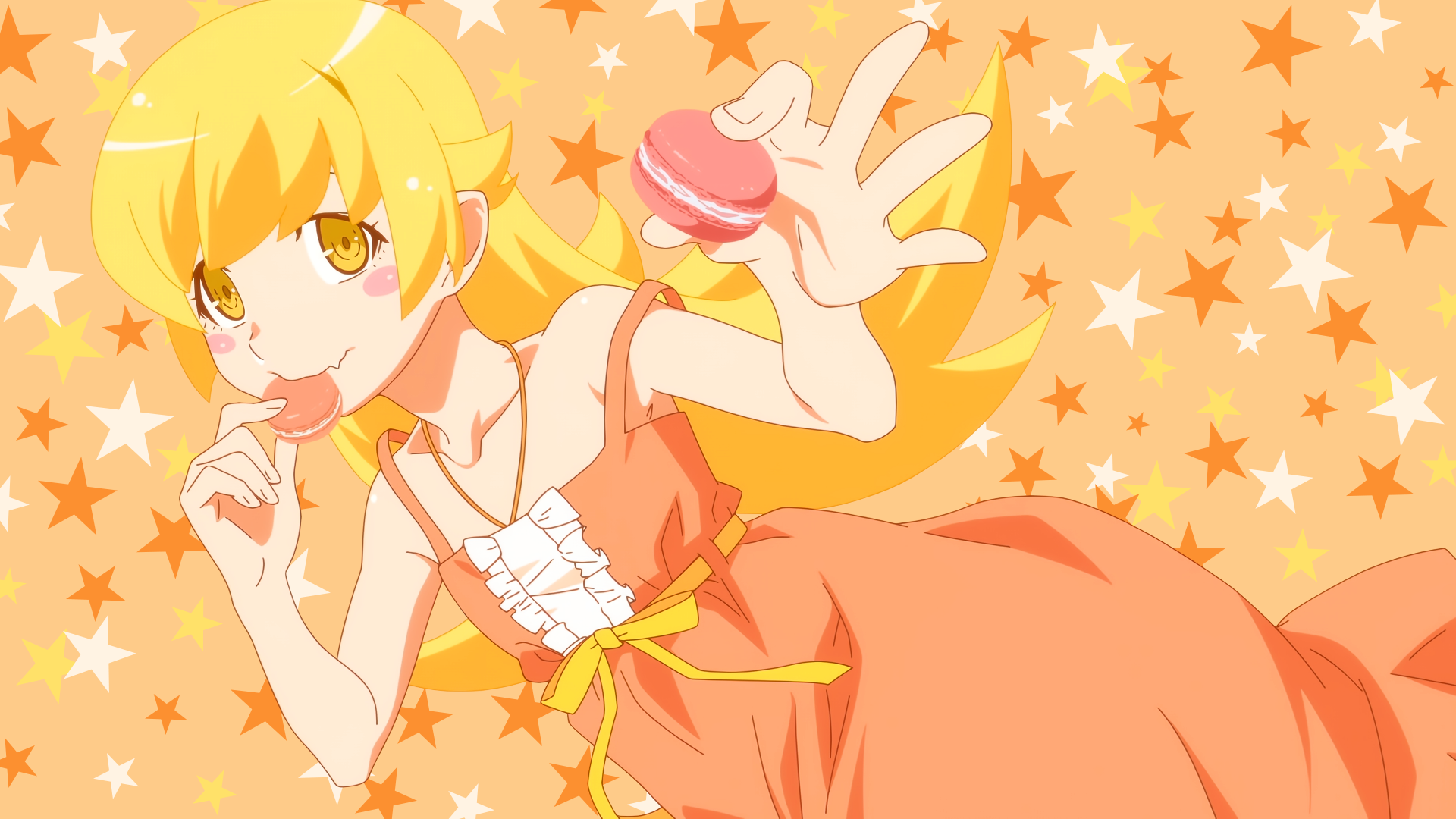 Anime Anime Girls Monogatari Series Oshino Shinobu Long Hair Blonde Looking At Viewer Simple Backgro 1920x1080