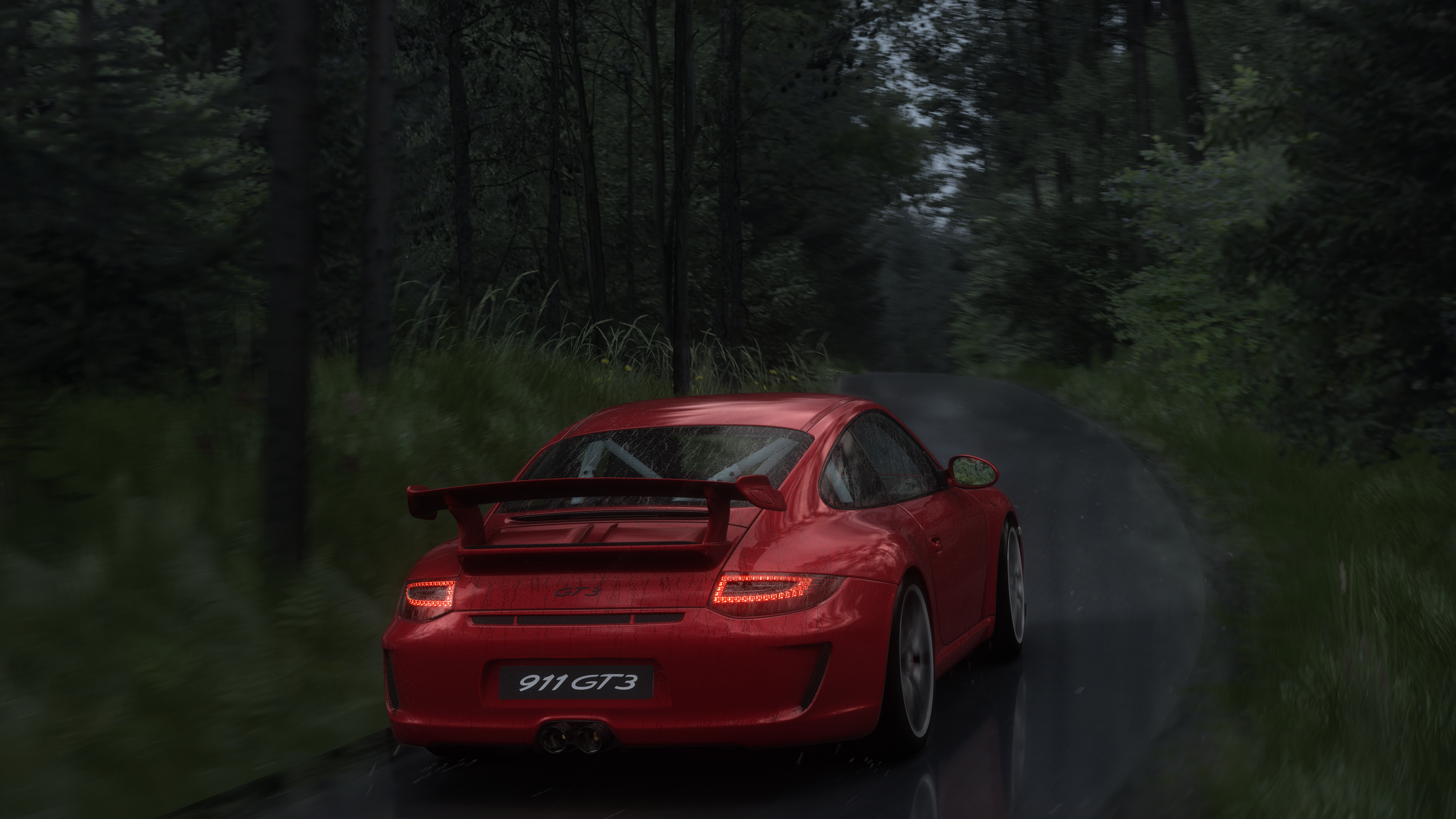 Assetto Corsa Porsche GT3 997 2 Trees Overcast Rain 4K Gaming Car Video Game Art Realistic 3200x1800