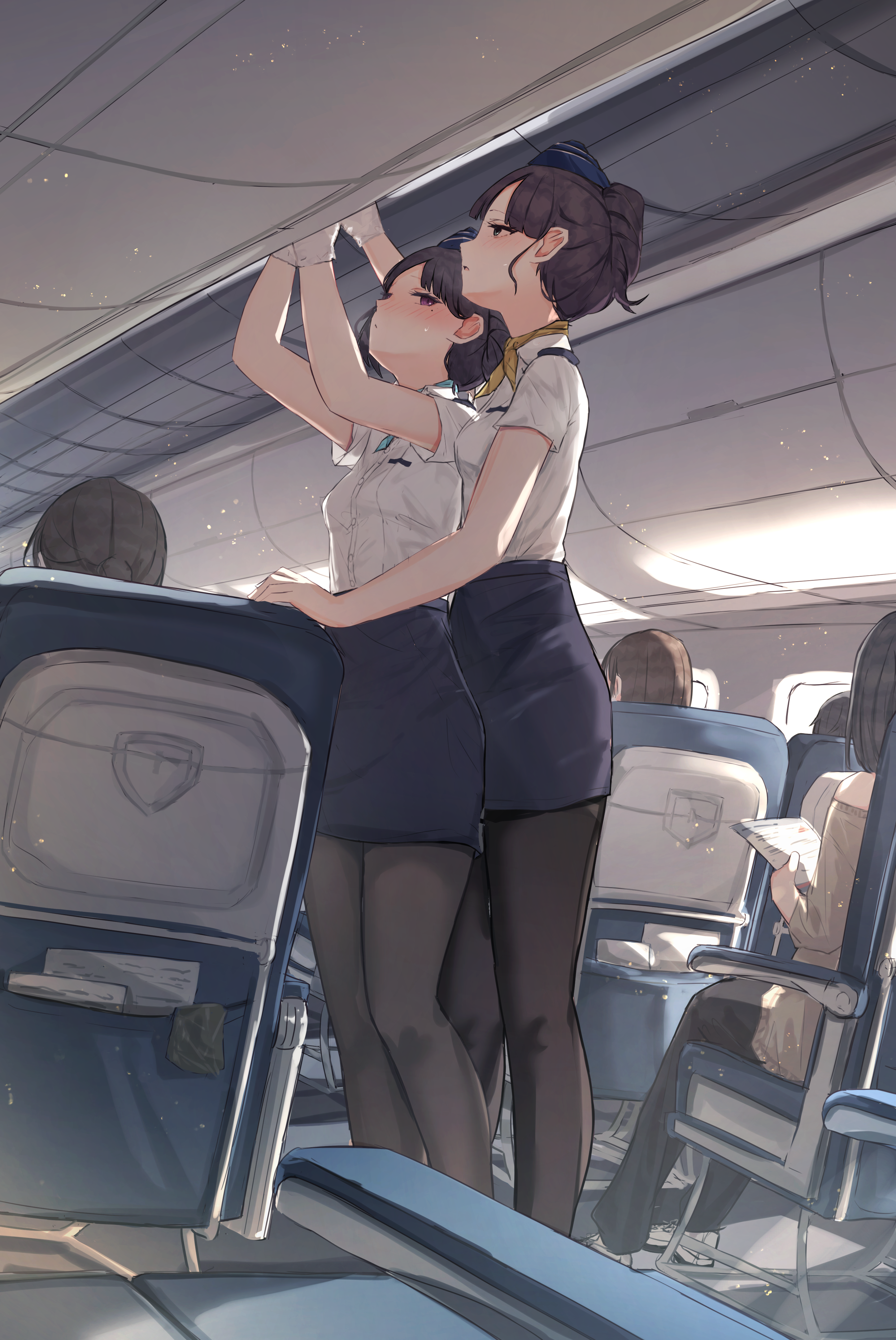 Two Women Portrait Display Blushing Flight Attendant Blue Skirt Airplane Interior Benevole Mole Unde 2894x4328
