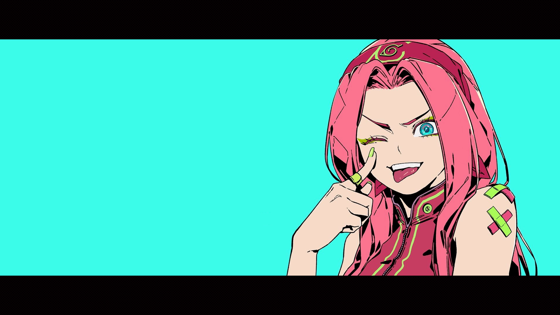 Anime Girls Anime Haruno Sakura Blue Eyes Pink Hair Headband Teal Background Tongue Out Wink Teeth F 1920x1080