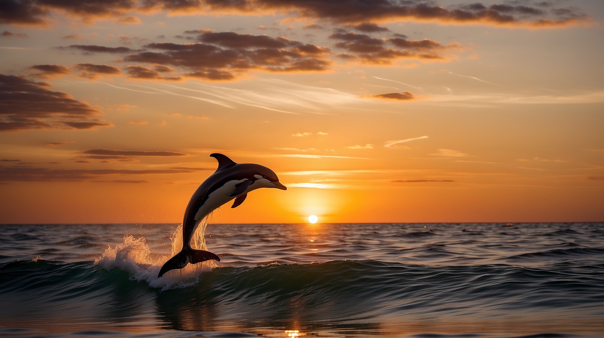 Dolphin Sea Nature Sunset Artwork Water Animals 2000x1120