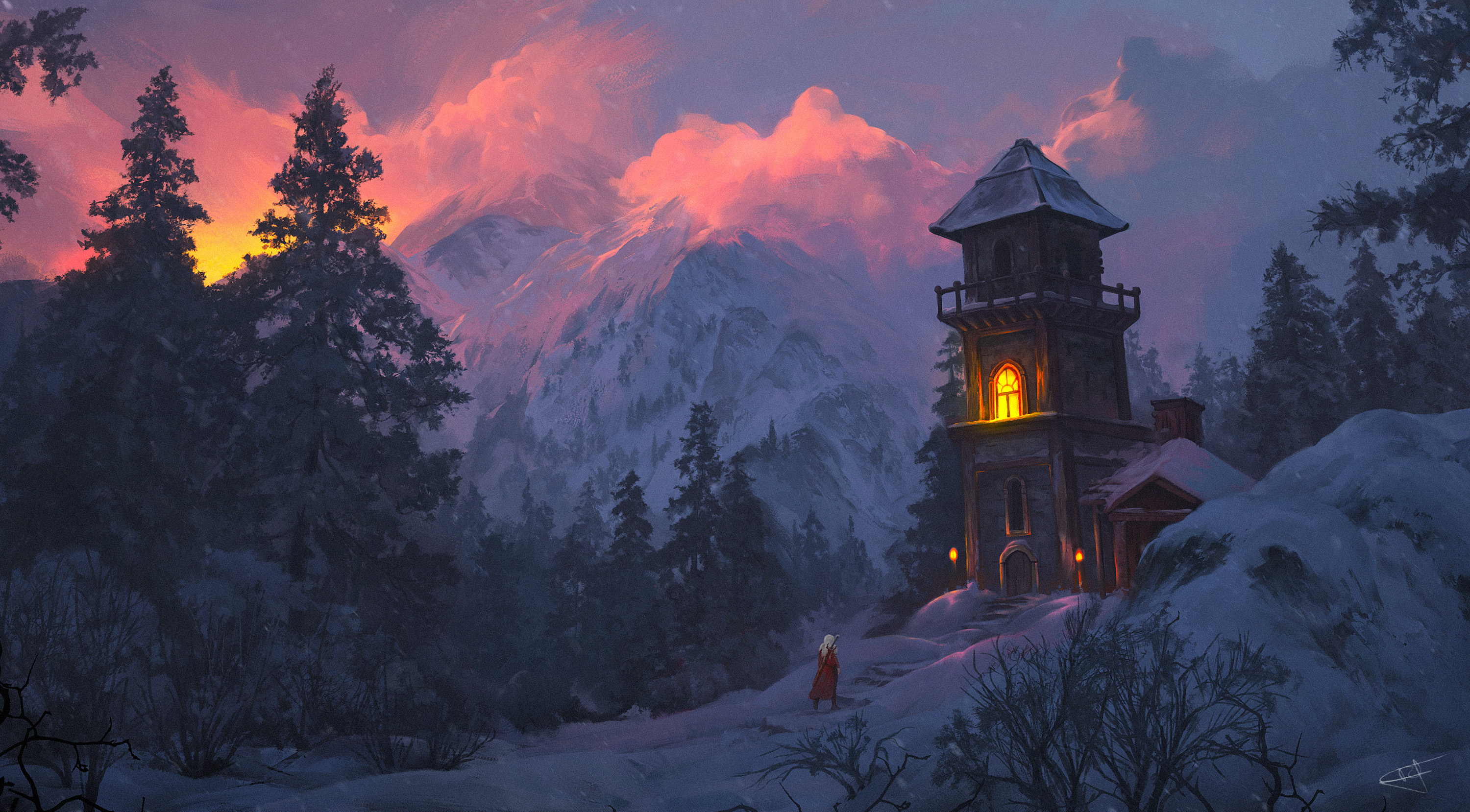 Winter Snow Night Tower Dark Landscape Alone Fantasy Castle Medieval Adventurers Sunset ReFiend 3000x1658