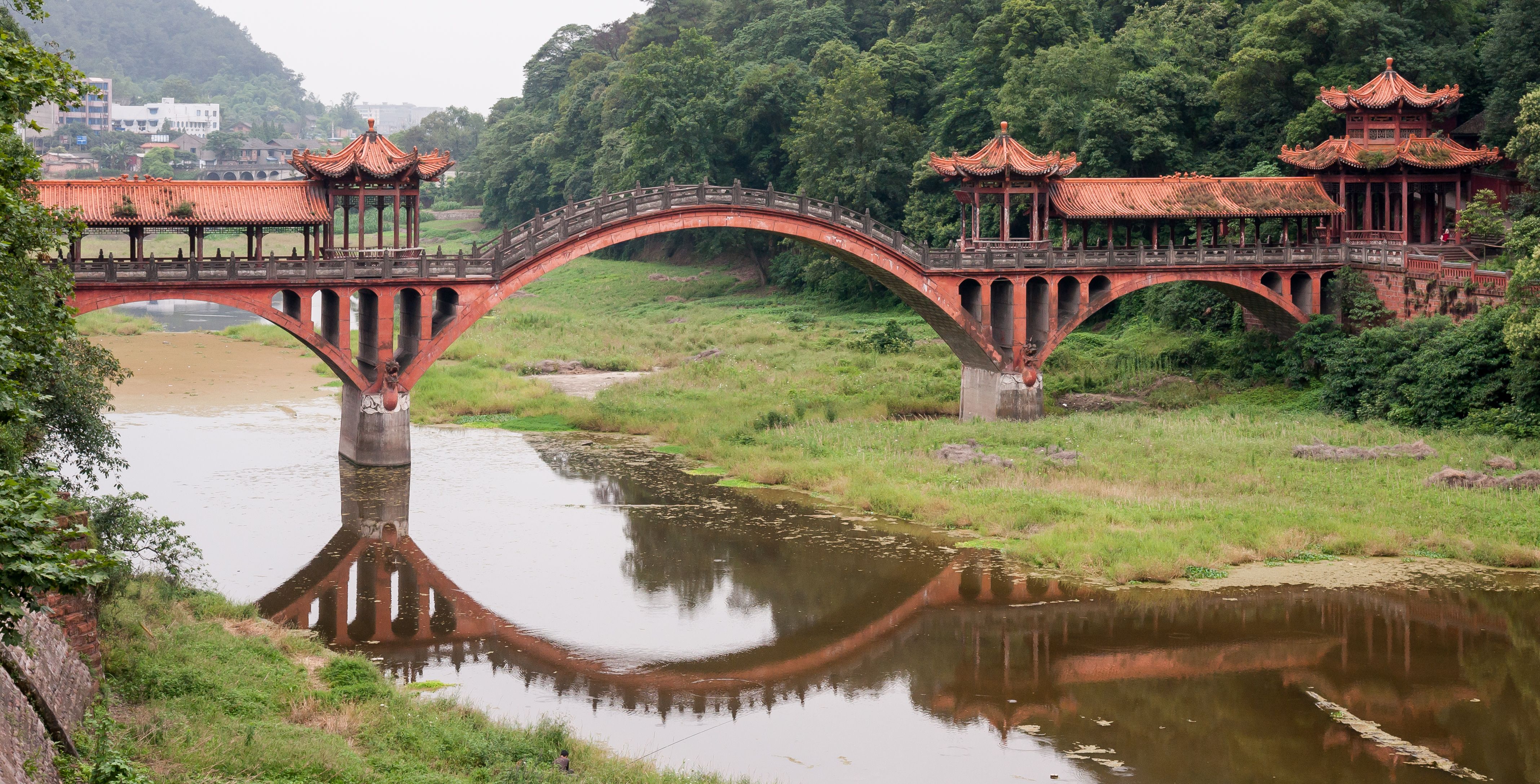 River Pedestrian China Leshan Bridge Greenery Mountains Architecture Bricks Chinese Dragon 4271x2175