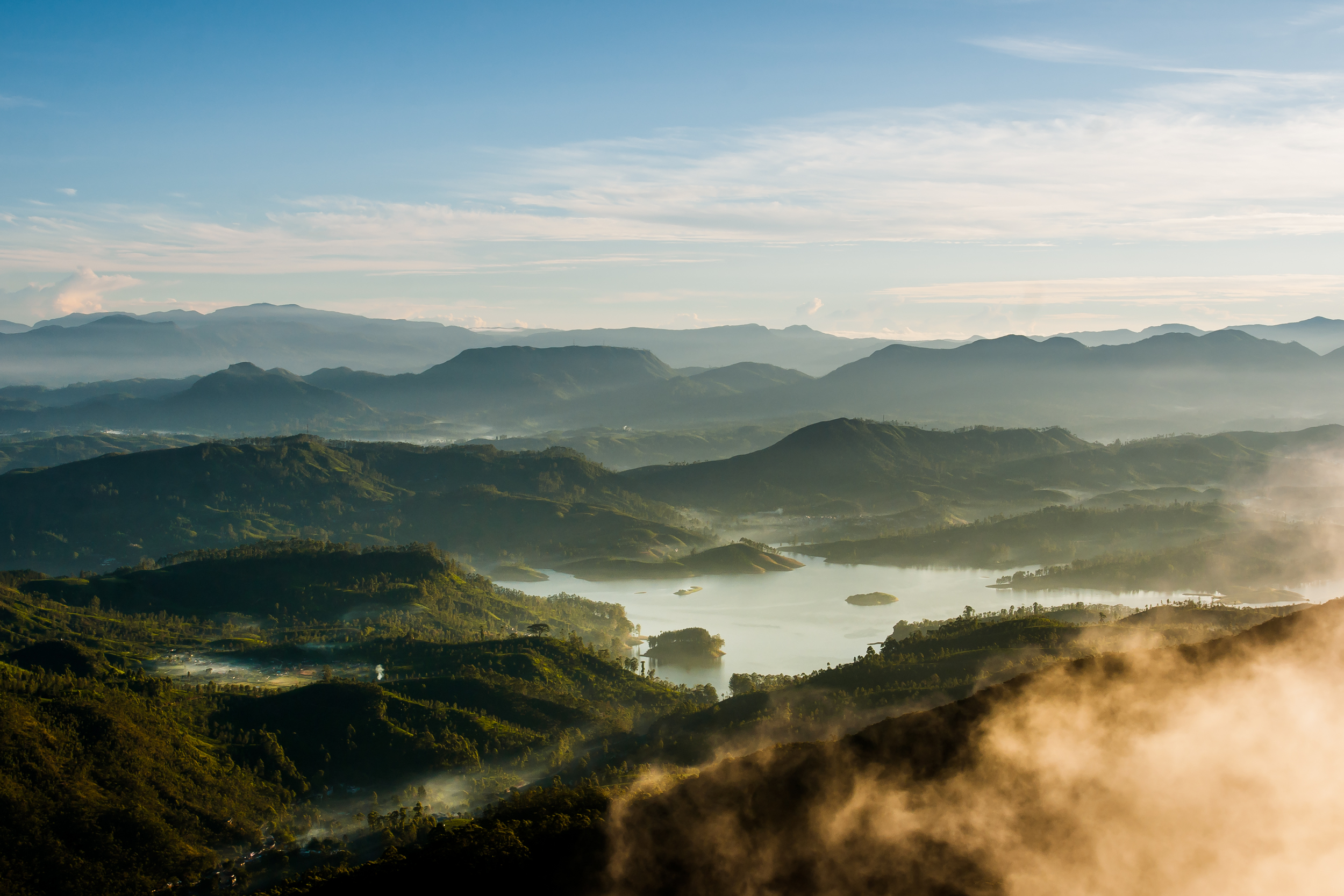 Nature Landscape Sky Clouds Mountains Far View Mist Lake Water Sunrise Village Sri Lanka 2500x1667