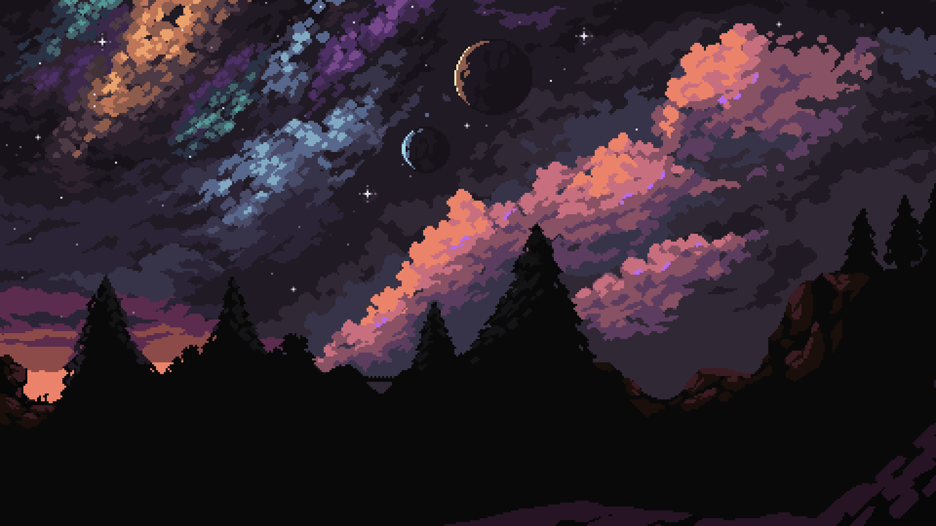 Digital Art Nature Sky Clouds Night Pixel Art Pixelated Pixels Planet Stars Trees Silhouette Rocks F 1920x1080