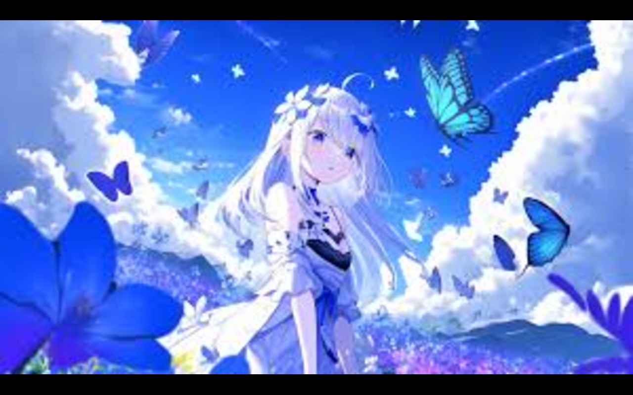 Butterfly Blue Anime Girls White Hair Clouds Sky 1280x800