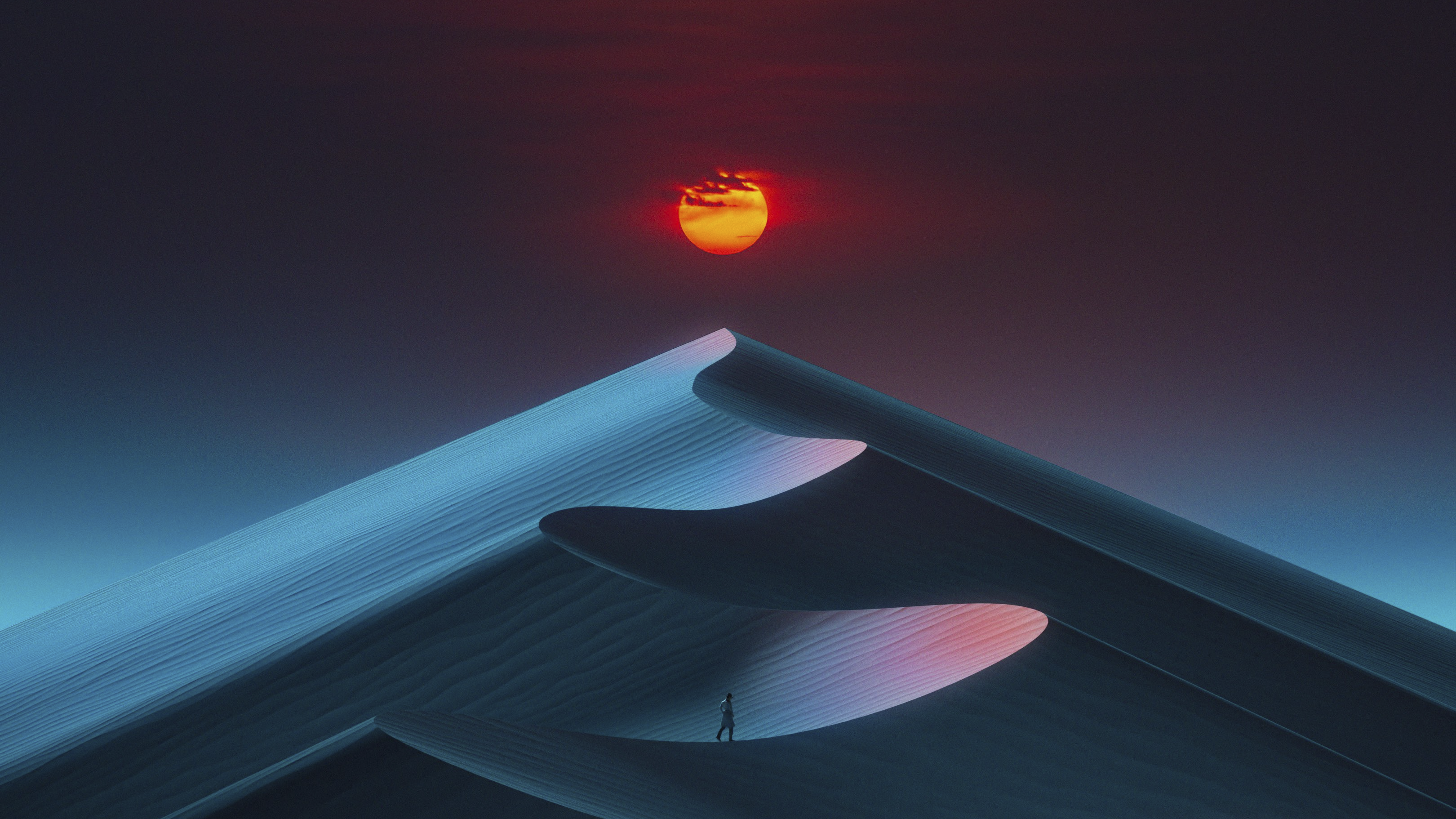 Digital Art Artwork Illustration Nature Landscape Desert Dunes Sand Men Alone Sky Sun 3240x1822