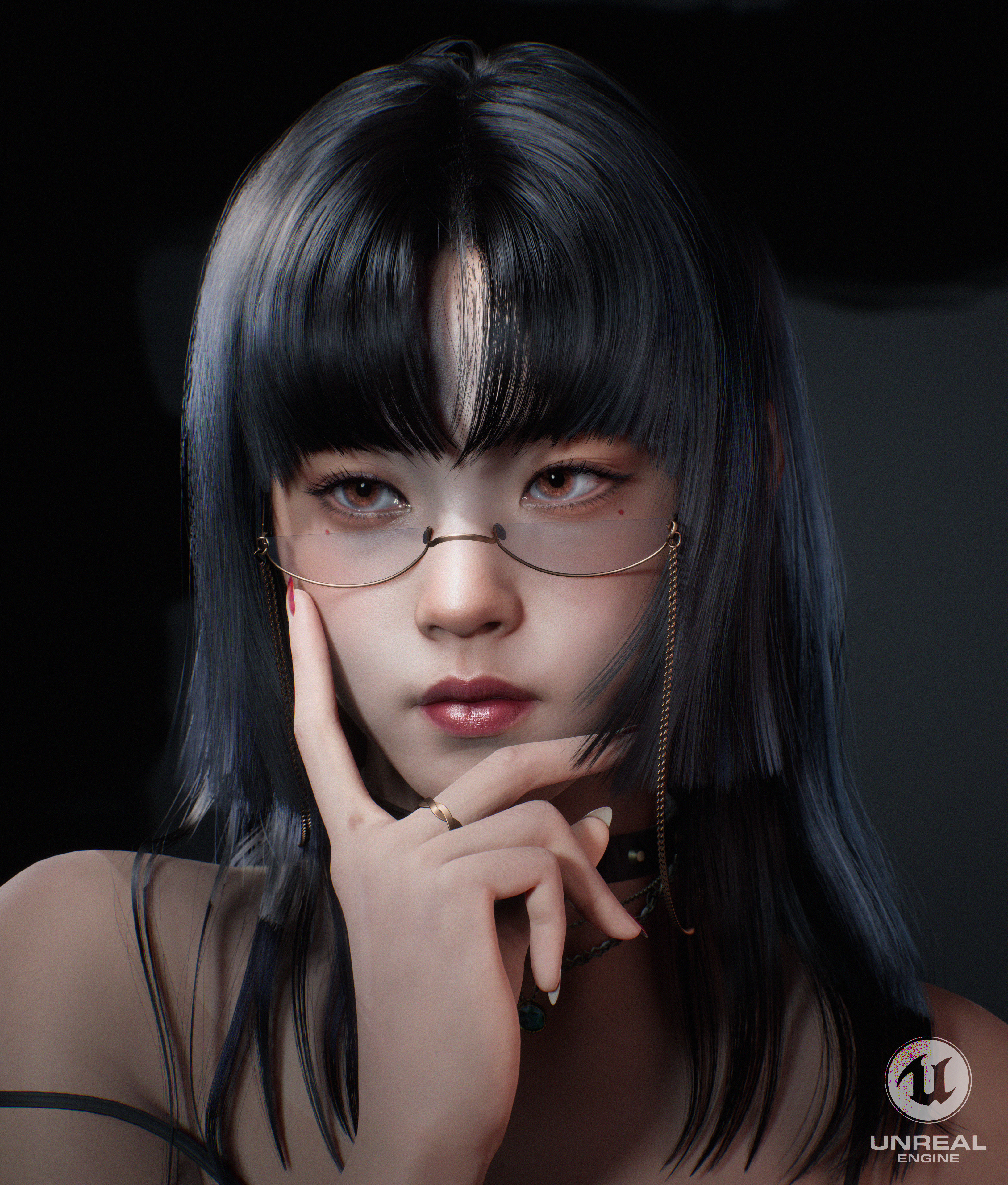 Glow Zhao CGi Women Dark Hair Glasses Looking Away 3266x3840