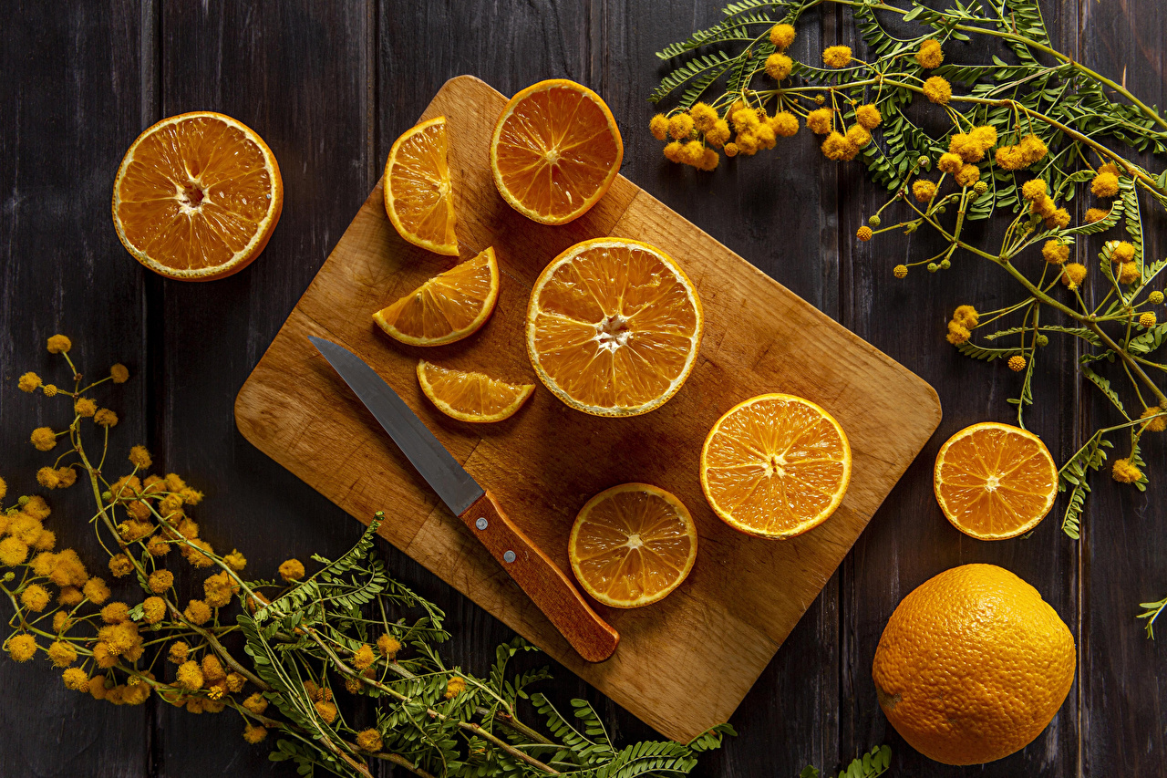 Fruit Orange Knife Closeup Cutting Board Flowers Wooden Surface 1280x853