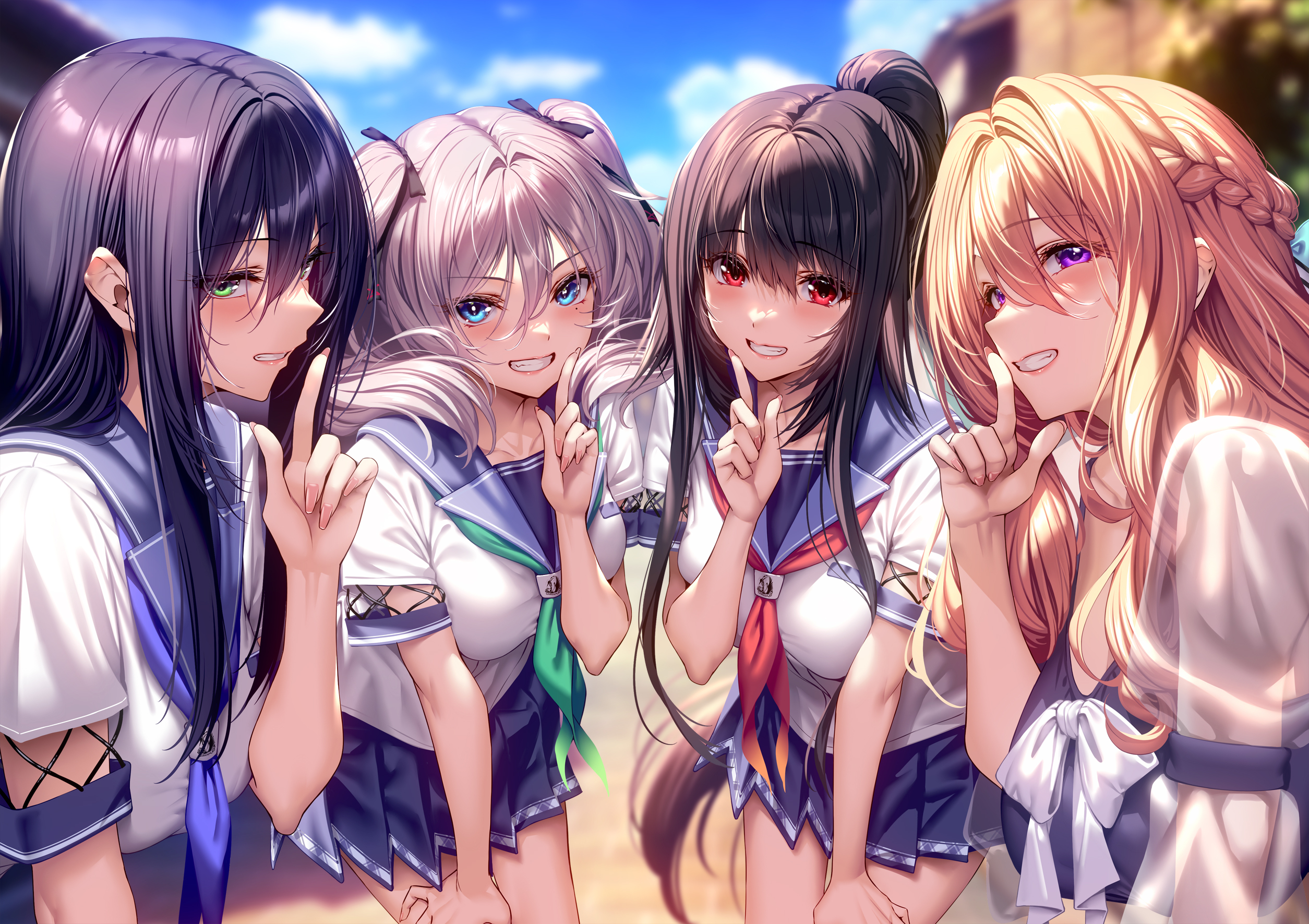 Amakano Women Quartet Group Of Women Long Hair Schoolgirl School Uniform Looking At Viewer Blushing  2509x1771