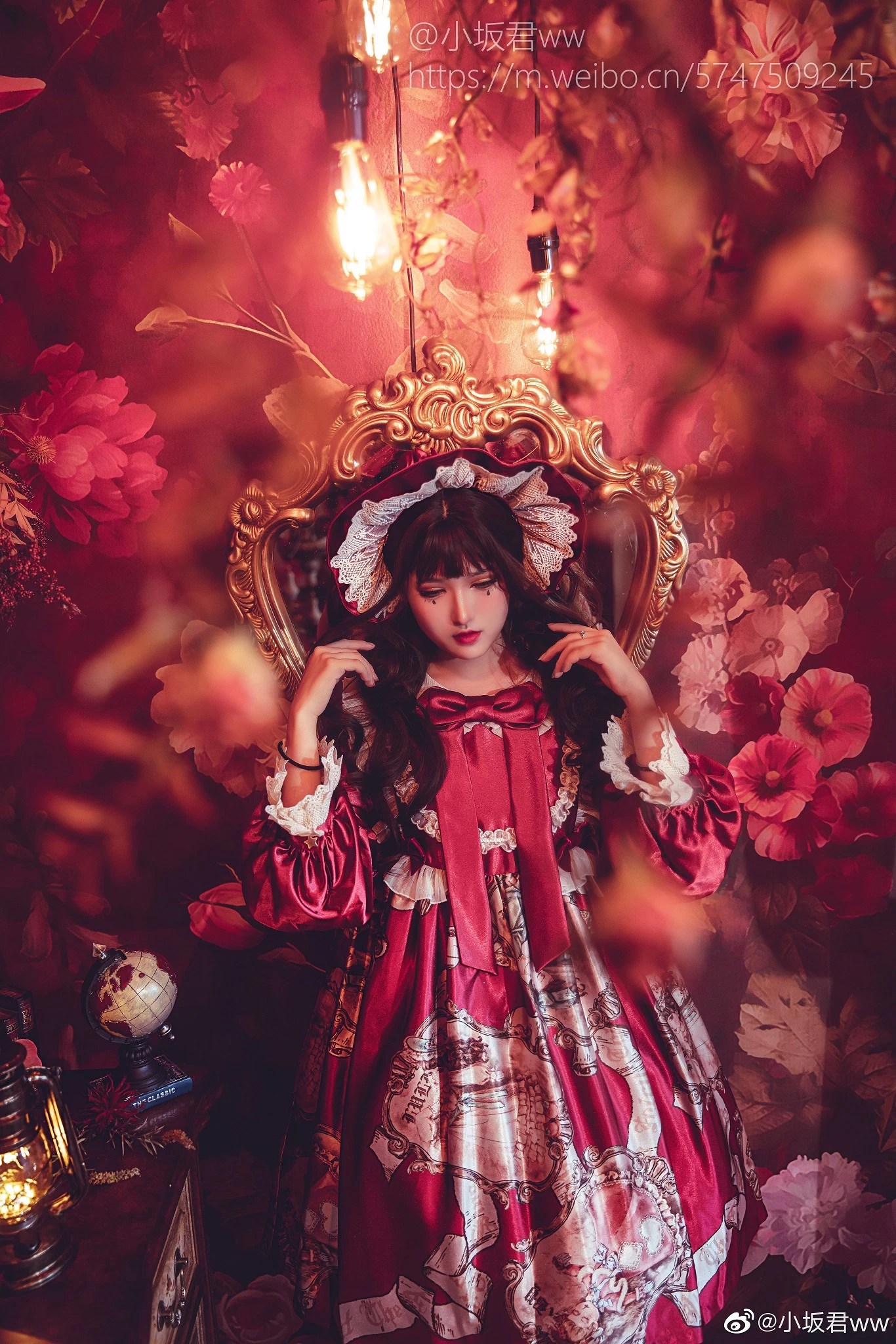 Cosplay Model Red Dress Watermarked Portrait Display Dress Lolita Fashion Long Hair Indoors Women In 1366x2048