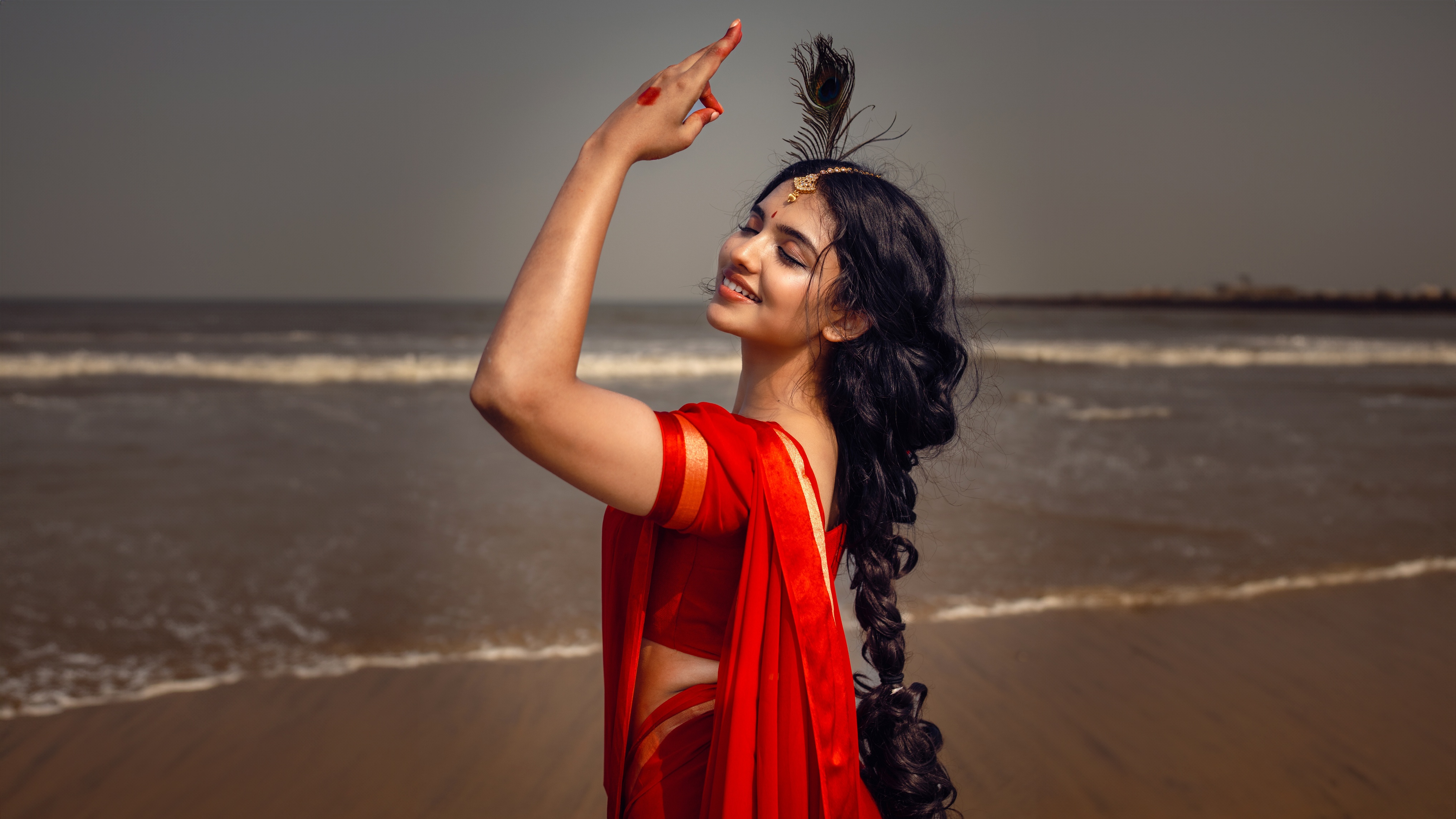 Model Red Lipstick Smiling Red Saree Long Hair Arms Up Closed Eyes Beach Indian Model Women Outdoors 4070x2290