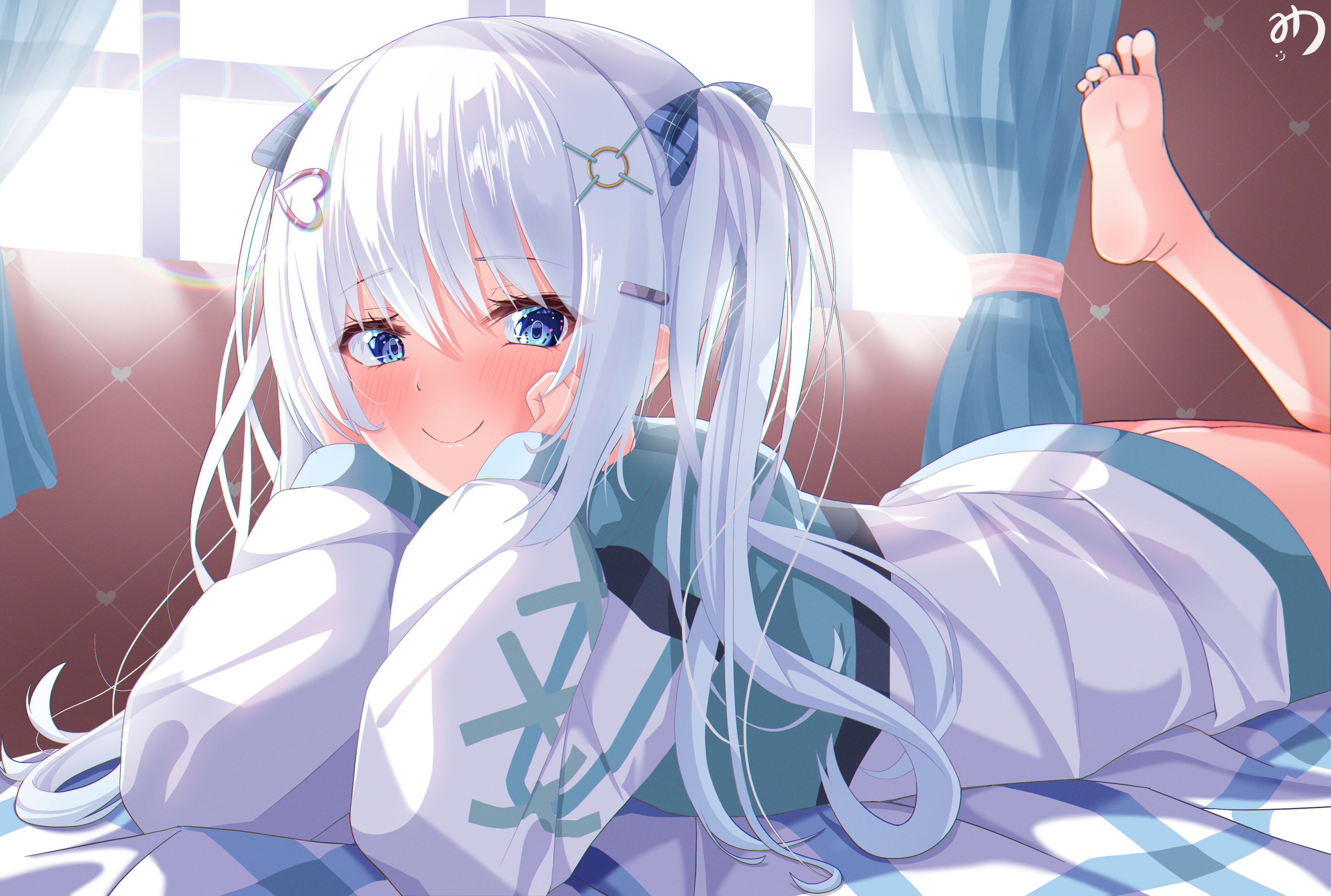 Anime Anime Girls Twintails Long Hair Gray Hair Blue Eyes Blushing Barefoot 3496x2354