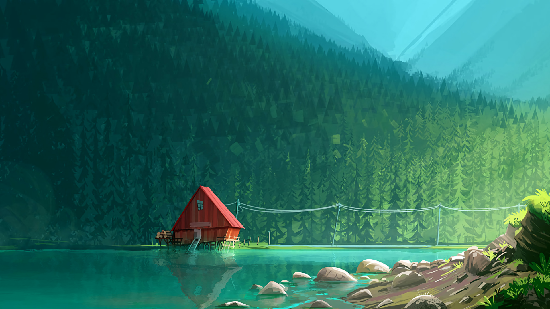 Cabin Forest Artwork Lake Camping Wires 1920x1080