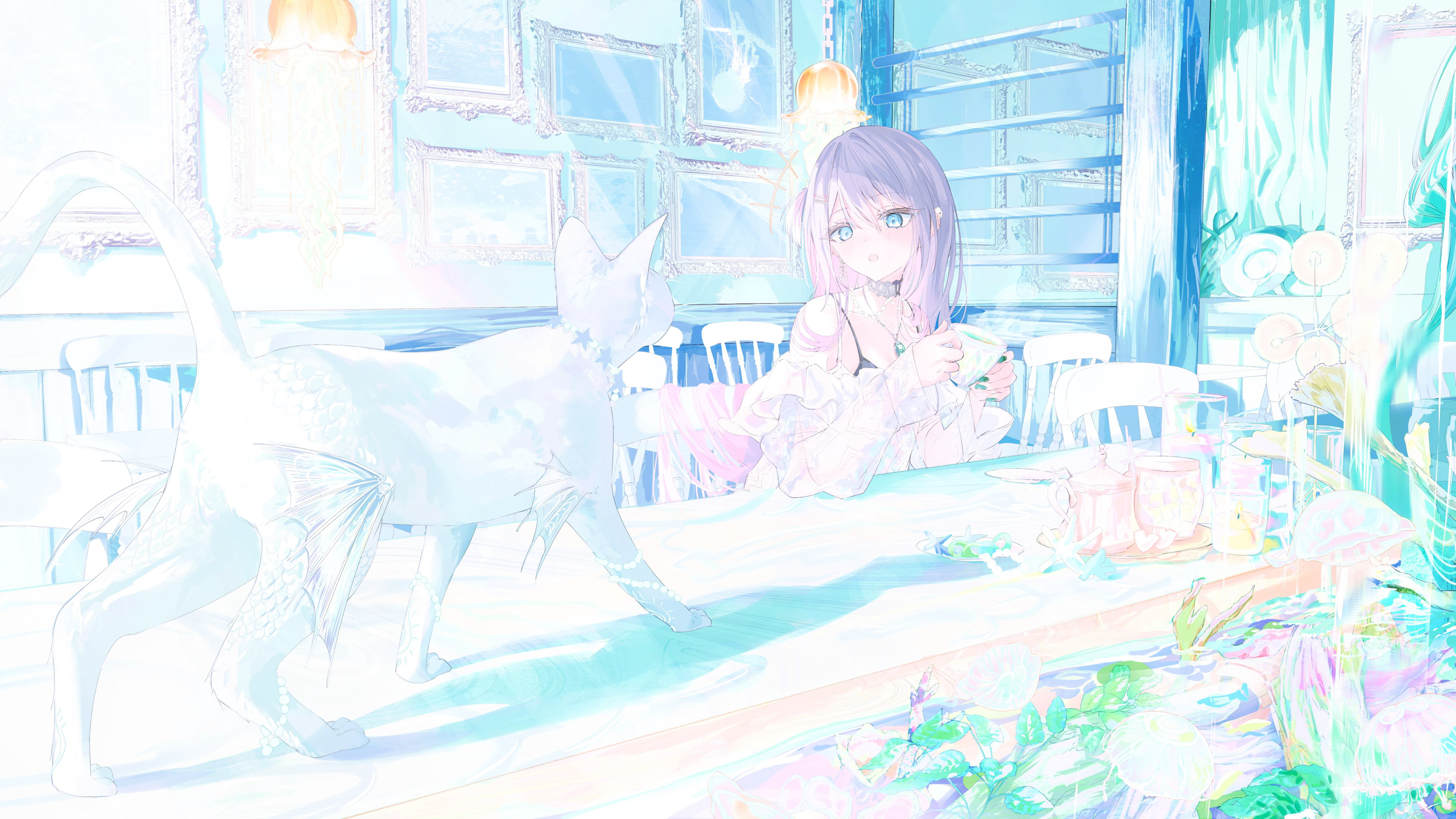 Anime Anime Girls Cats Purple Hair Room Mug 3840x2160