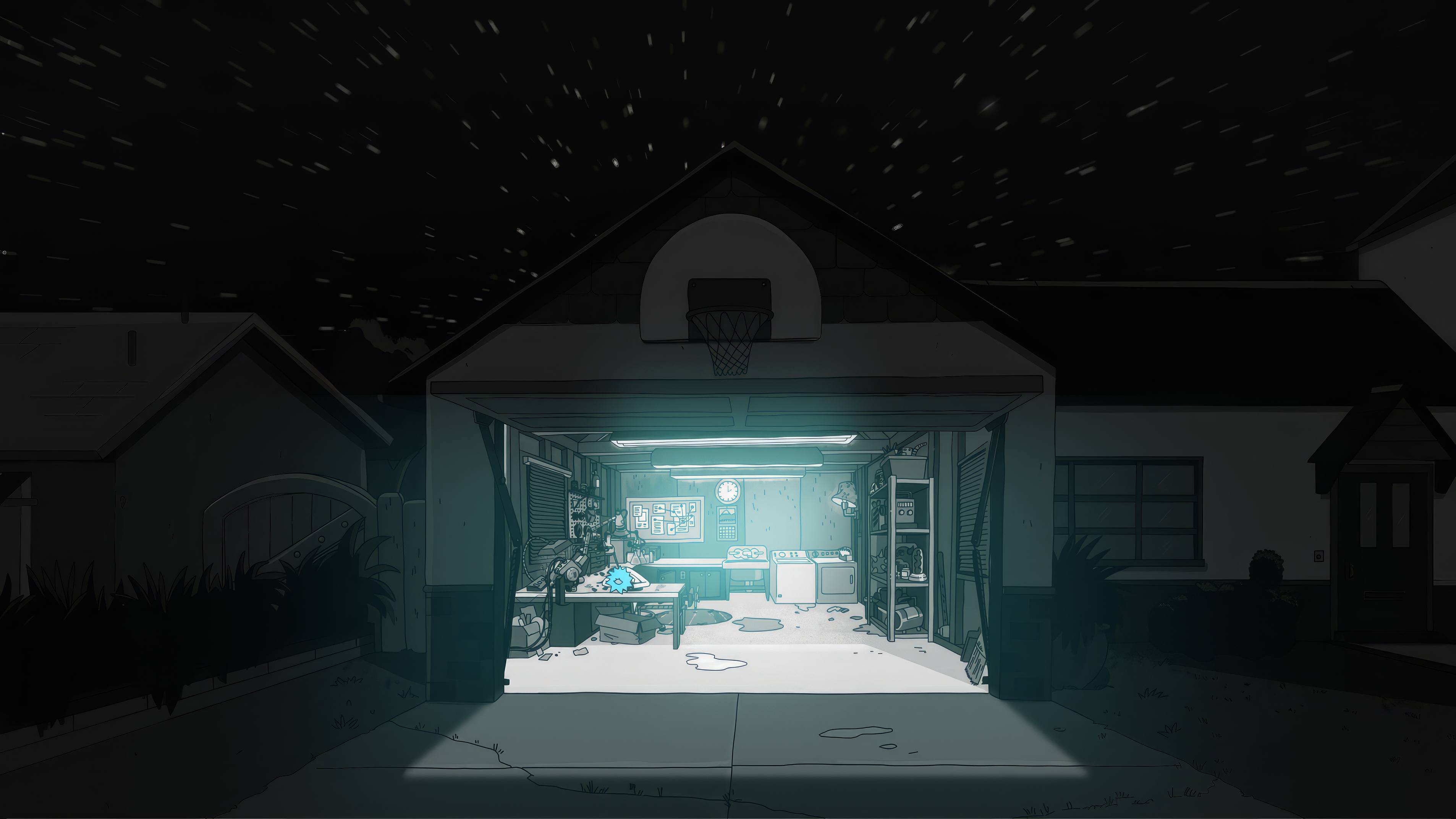 Rick And Morty Night Stars House Garage White Light Animation 3812x2144