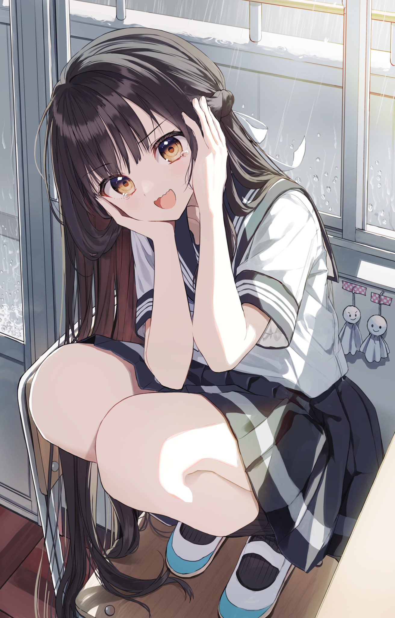 Skirt Uniform Long Hair Black Hair Anime Girls Brunette School Uniform Tears Rain Terrified 1312x2048