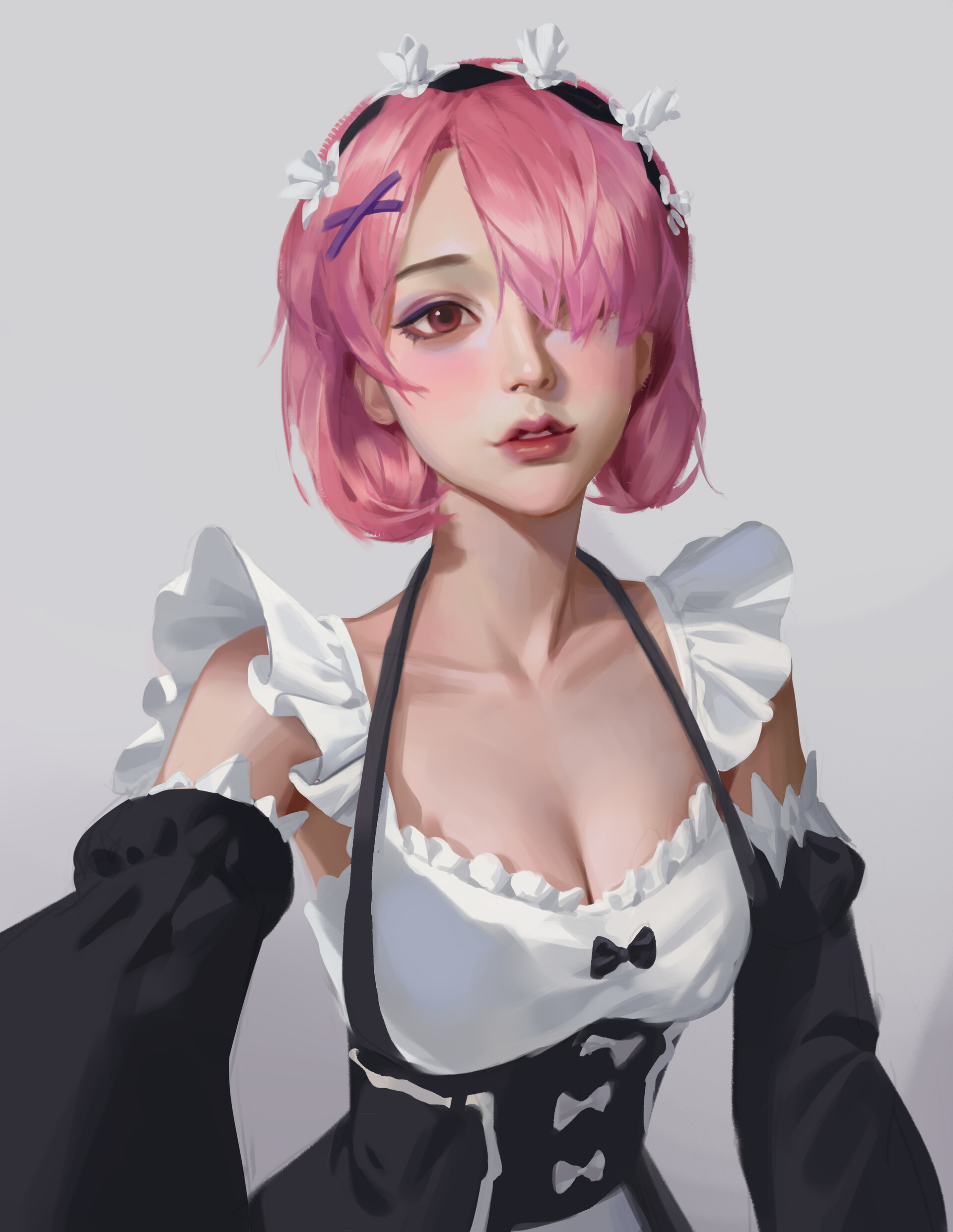 Liu Ming Drawing Maid Pink Hair Hair Over One Eye White Background Simple Background Portrait Displa 1920x2483