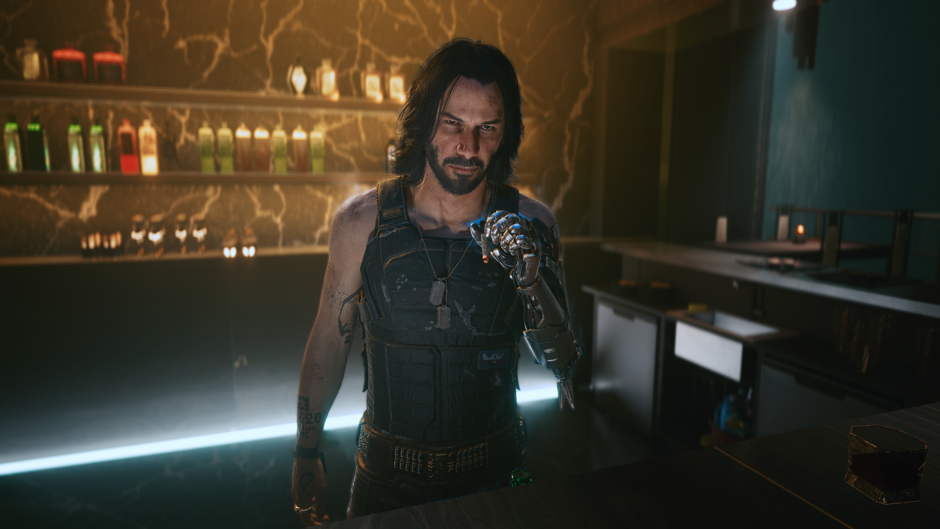 Cyberpunk 2077 CGi PC Gaming Screen Shot Video Game Characters Bar Looking At Viewer Johnny Silverha 1920x1080