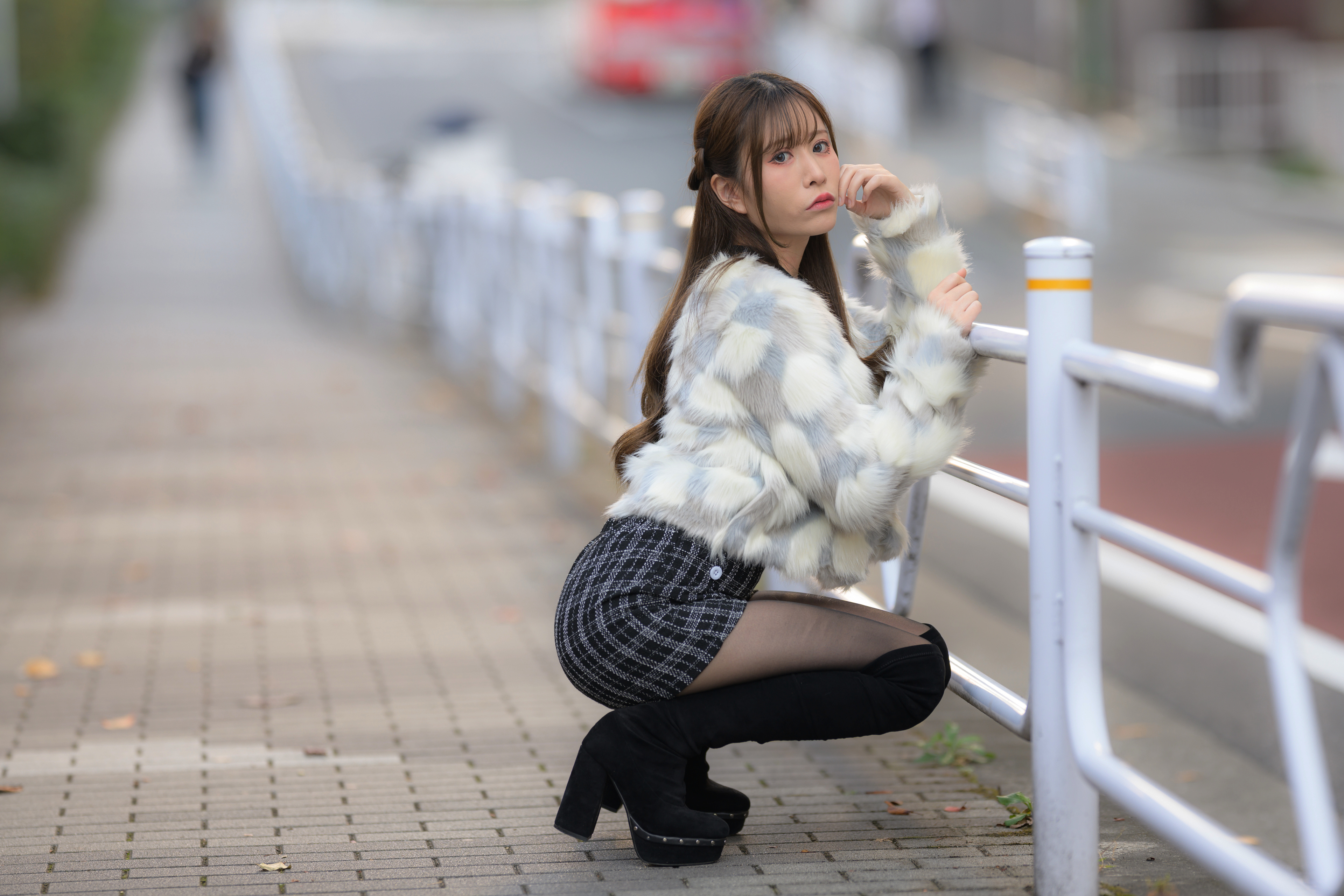 Asian Model Women Long Hair Dark Hair Knee High Boots Squatting 3840x2560