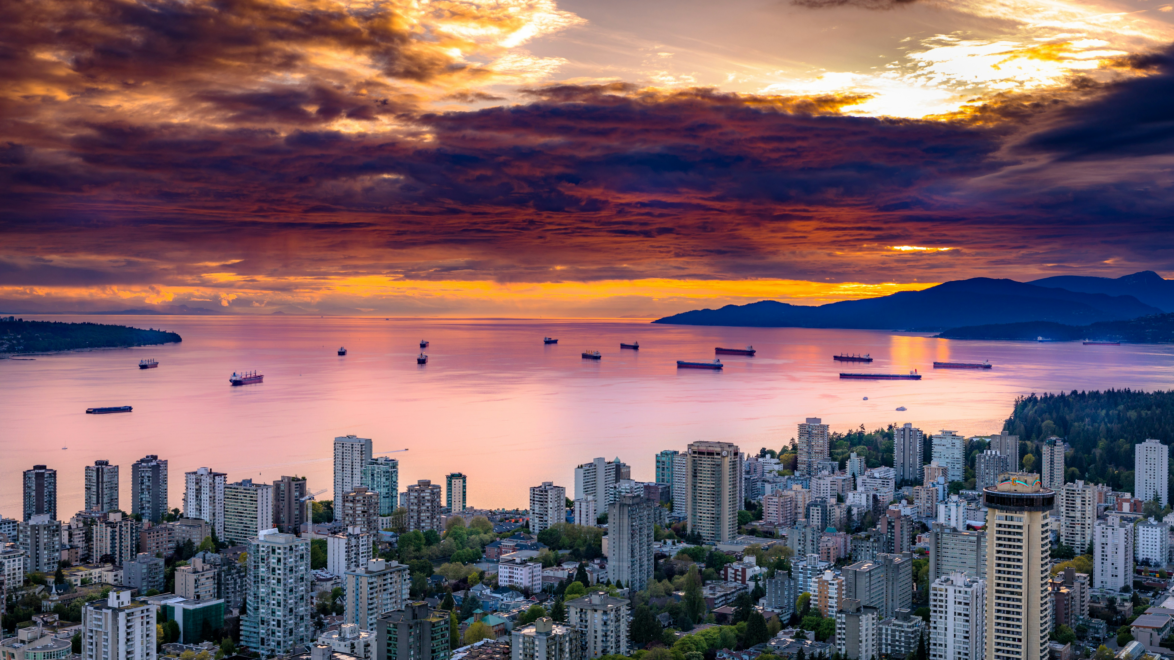 Nature Landscape Clouds Sky Sunset Red Clouds Building Coast Trees Water Ship Oil Tanker Vancouver C 3840x2160