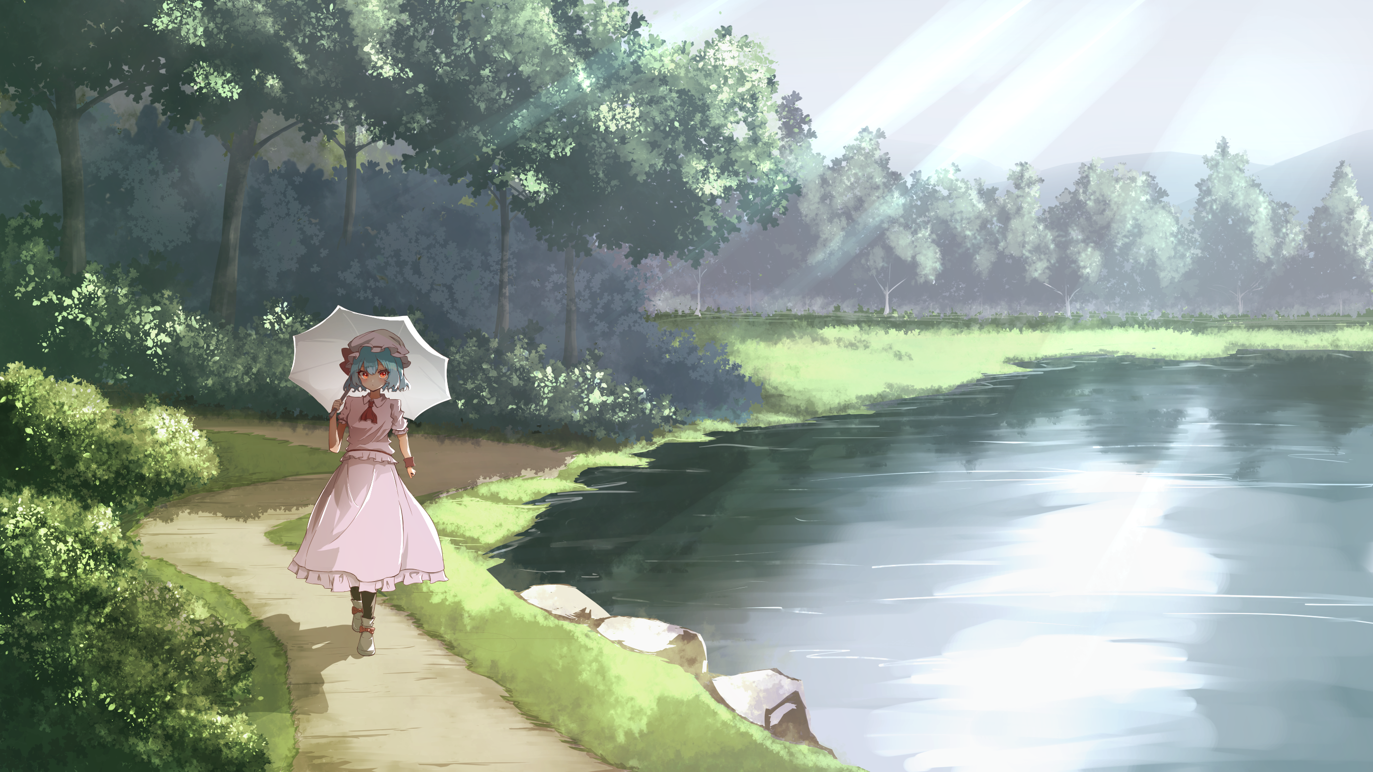 Touhou Remilia Scarlet Ascot Black Socks Blue Hair Dress Hair Between Eyes Umbrella Lake Hat Looking 2763x1554