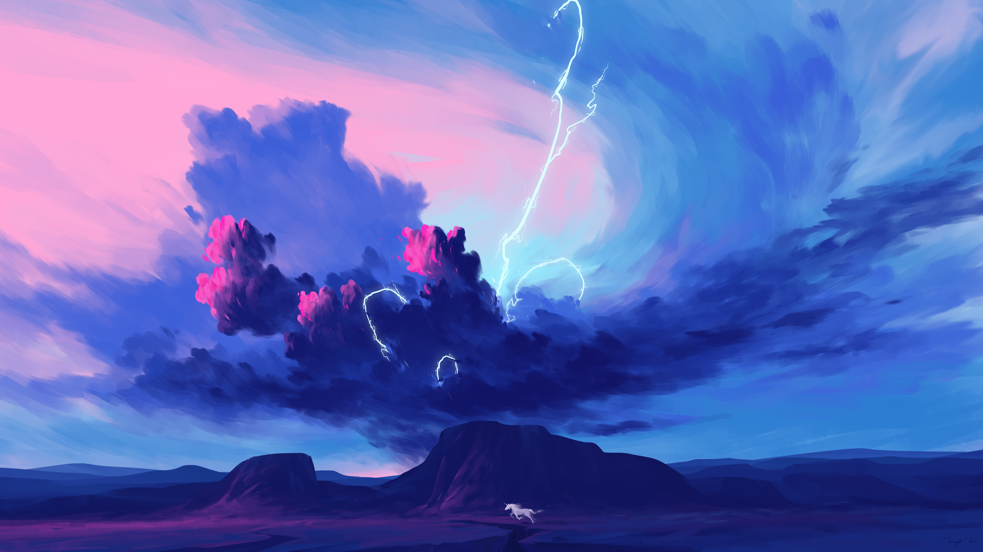 BisBiswas Digital Art Artwork Illustration Landscape Nature Sky Clouds Storm Lightning Horse Animals 3840x2160