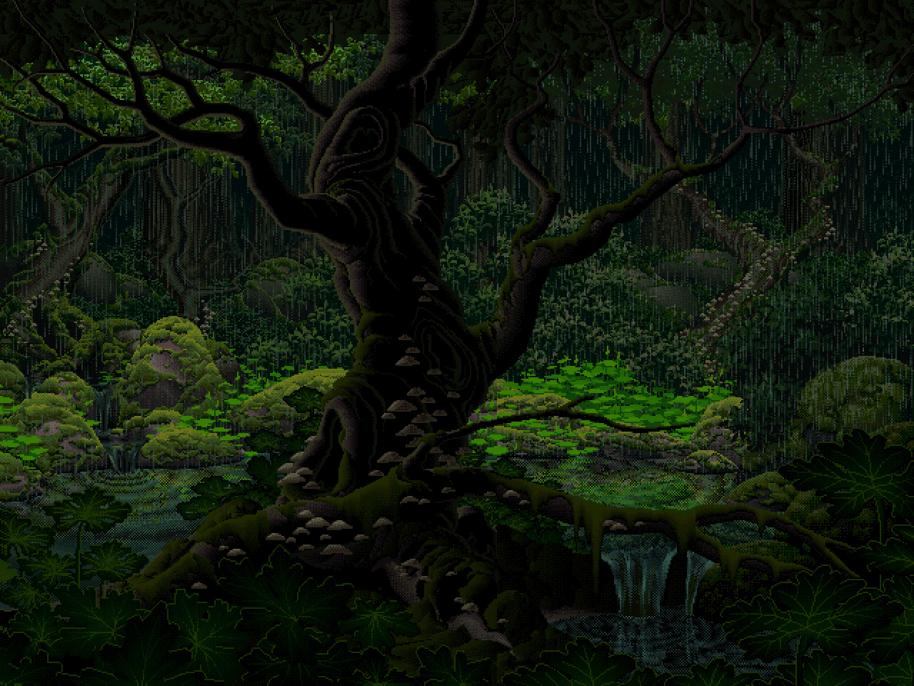 Pixel Art Water Moss Nature Forest Rain Shade Plants Rainforest 1280x960