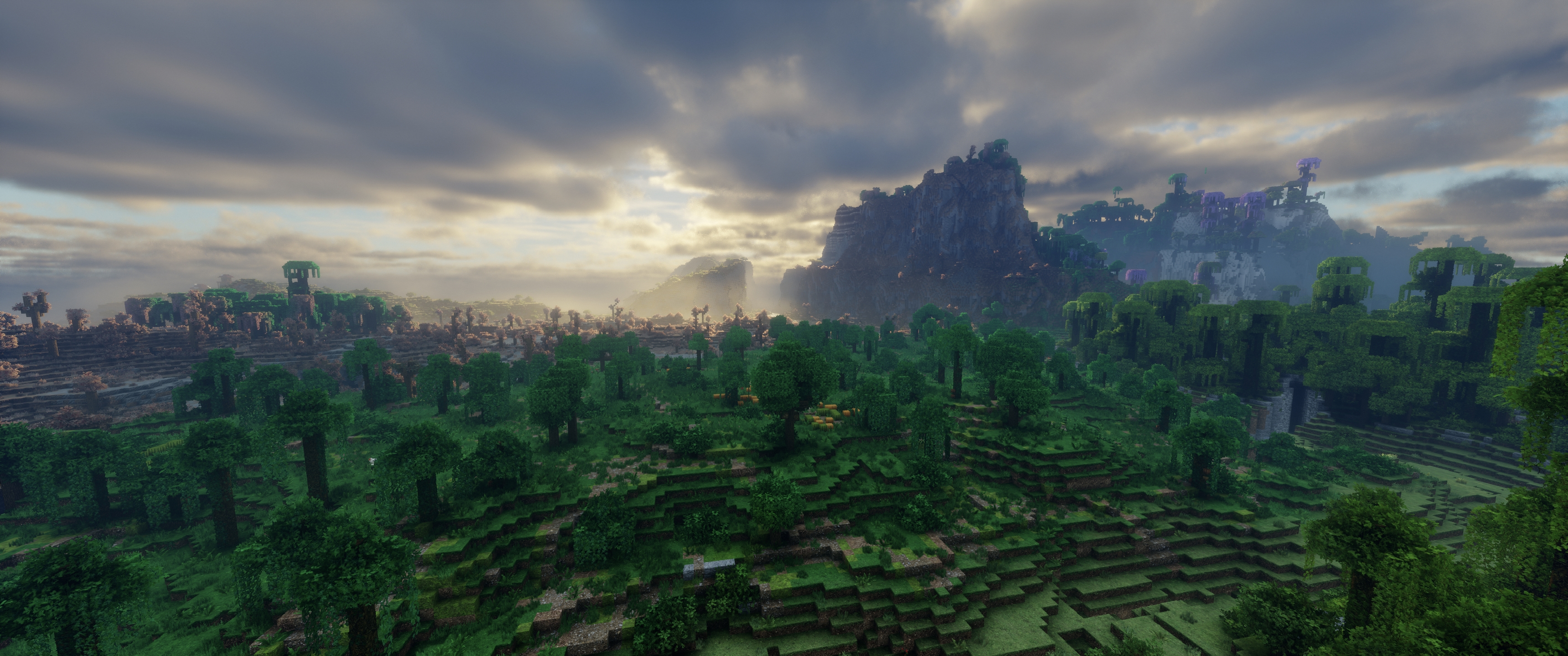 Minecraft Shaders Landscape Dawn Mountains Video Games Video Game Landscape Mojang 3440x1440