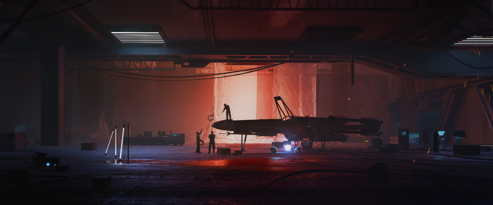 Thomas Dubois Star Wars Digital Art X Wing Industrial Design Neon Low Light Garage Science Fiction 2000x831