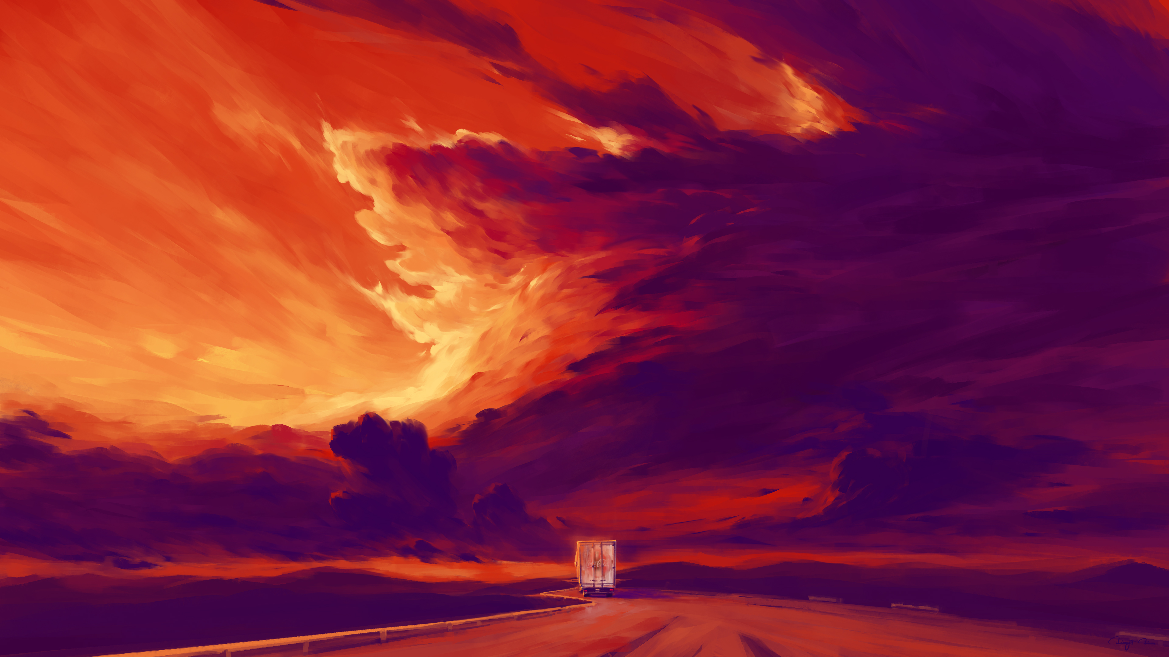BisBiswas Landscape Clouds Sunset Road Truck Digital Art Artwork Illustration Painting Signature 4K 3840x2160