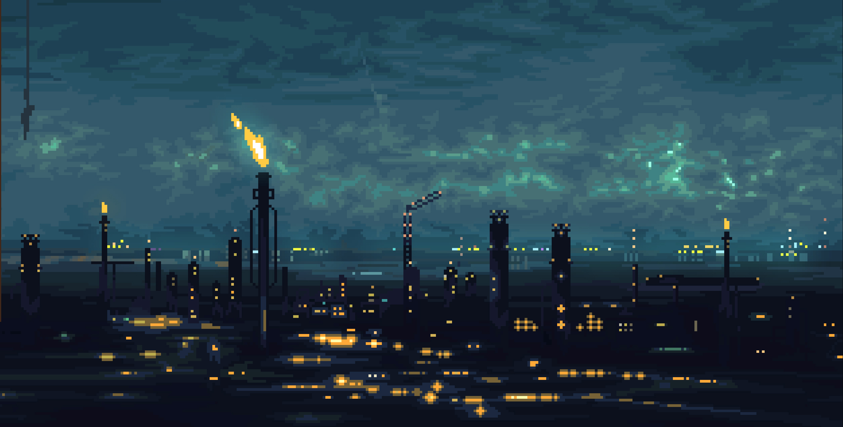 Norco Video Games PlayStation Xbox Fire City Industrial Pixel Art Pixelated Night 2775x1405