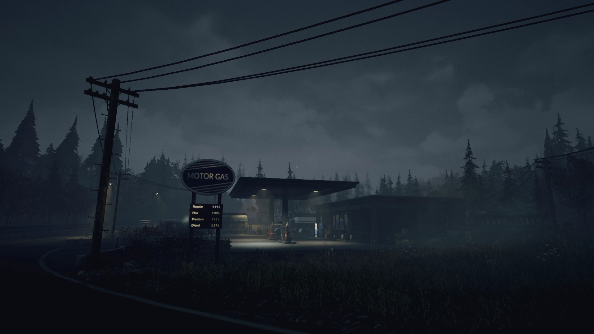 Gas Station Night Forest 1920x1080