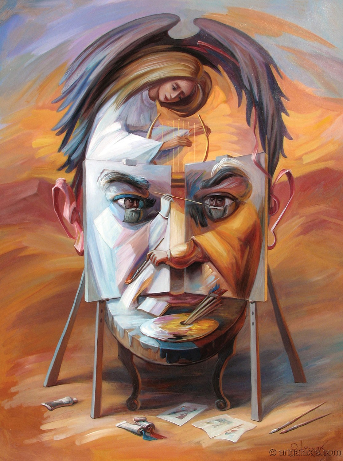 Artwork Painting Optical Illusion Face Men Oleg Shupliak Self Portraits Wings Eyes Paint Brushes Ang 1117x1500