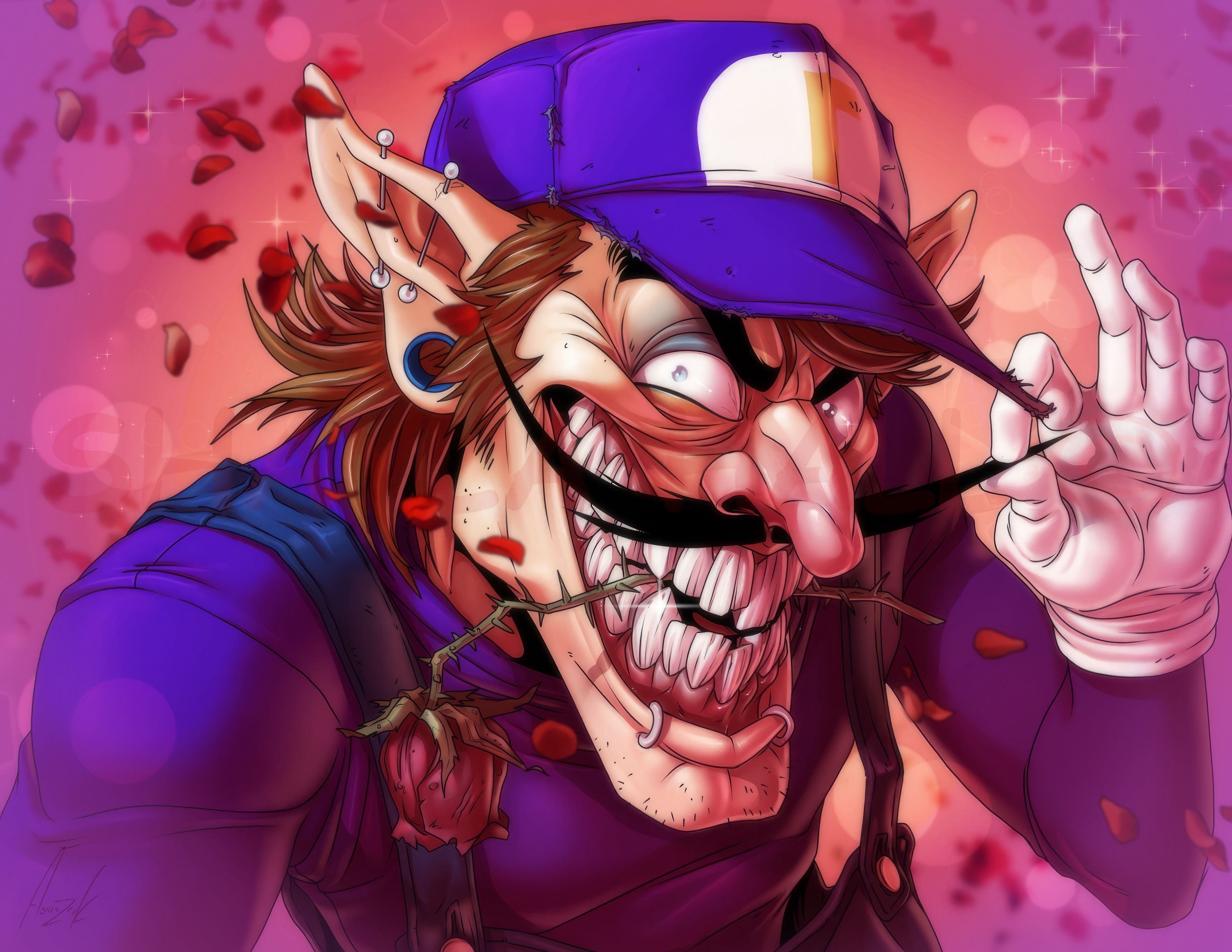 Nintendo Waluigi Drawn Rose Gloves Scary Face Moustache 3840x2967