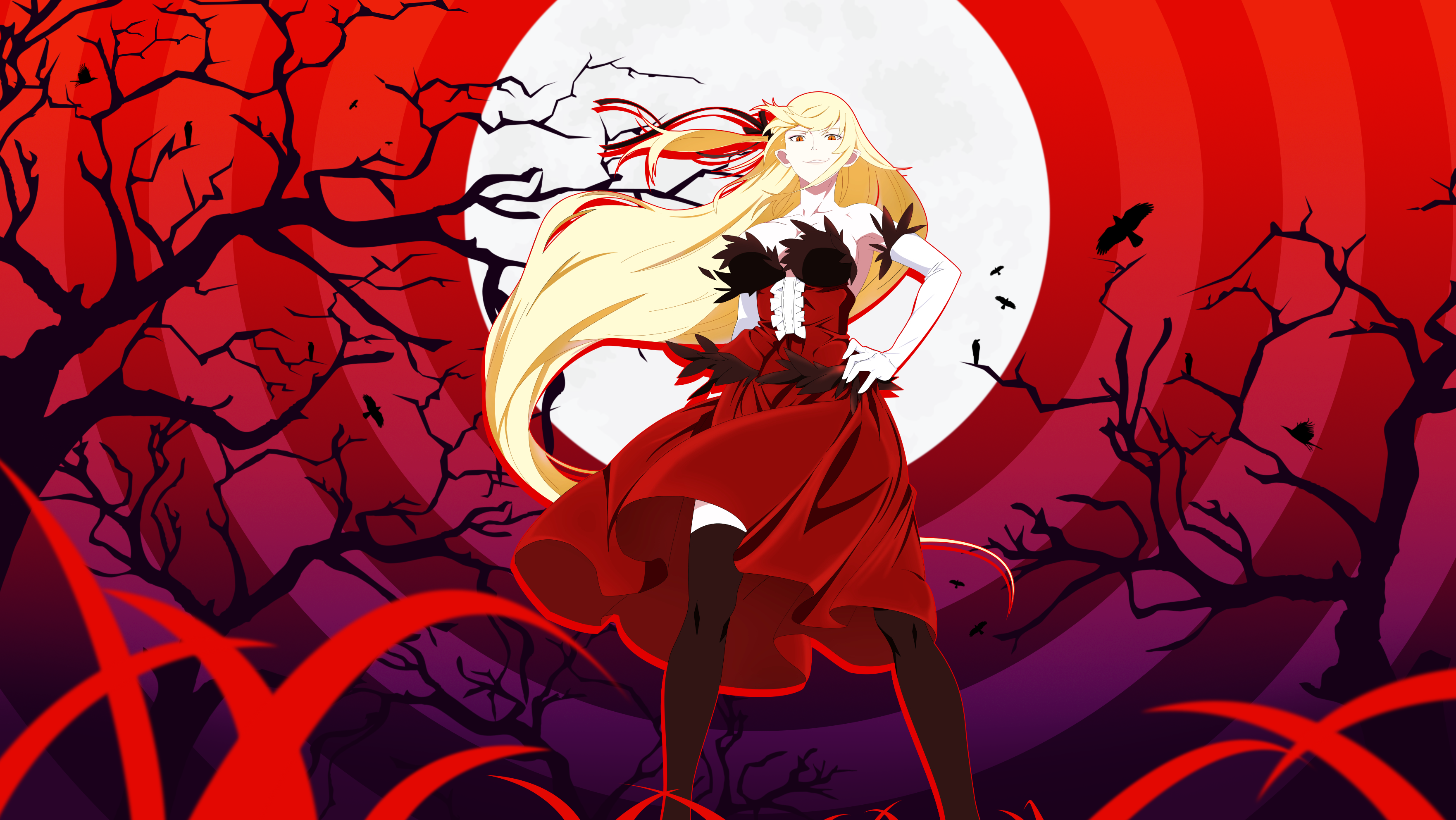 Anime Anime Girls Monogatari Series Oshino Shinobu Long Hair Blonde Vampire Girl Smiling Looking At  3523x1984