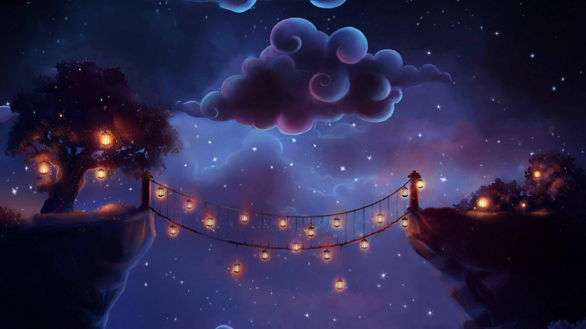 Magic Night Clouds Night Lanterns Bridge Stars Digital Art 1920x1080