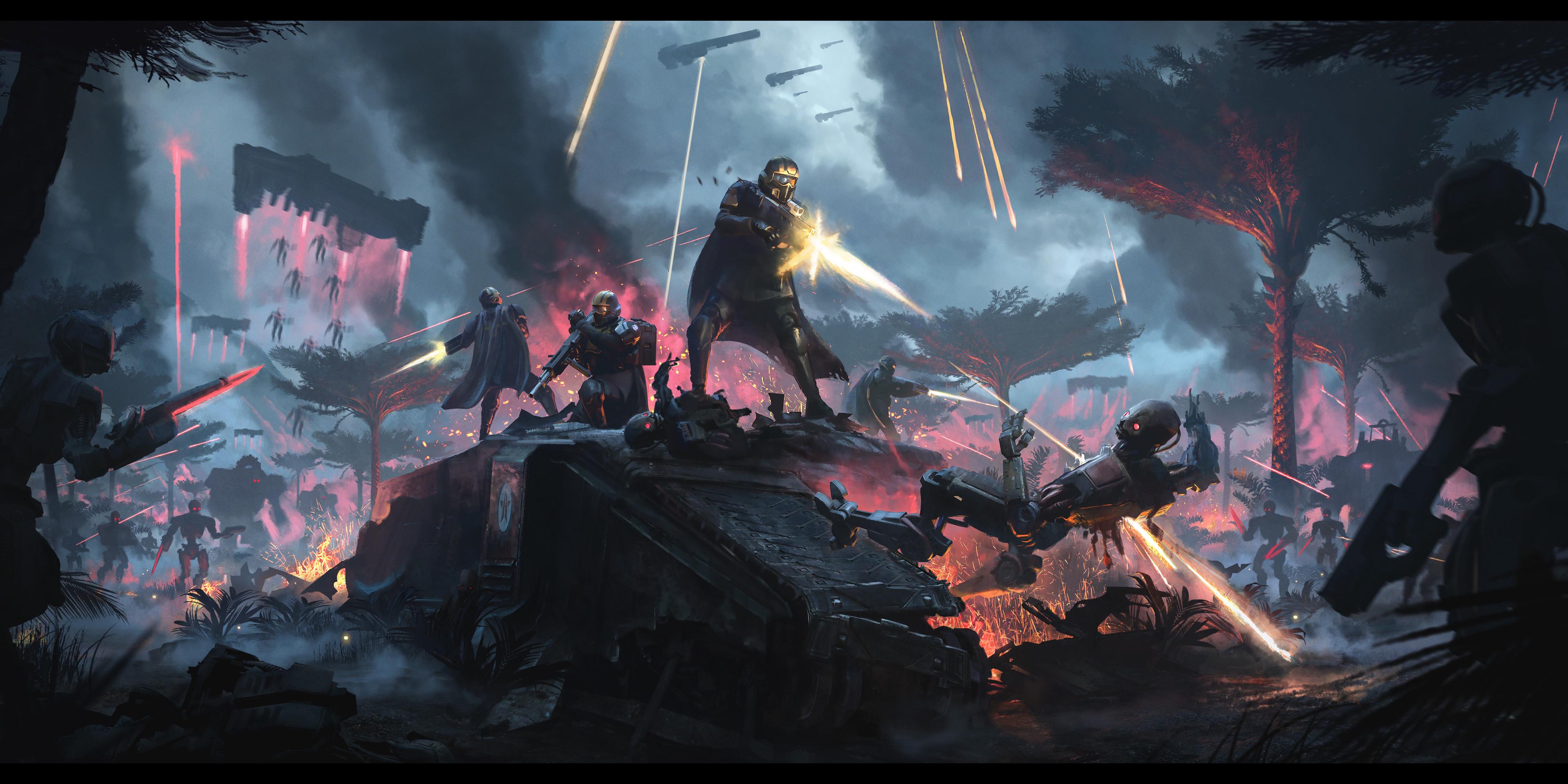 Helldivers 2 Fan Art Robot Space Battle Video Games PlayStation Video Game Art Soldier Democracy Vid 3840x1921