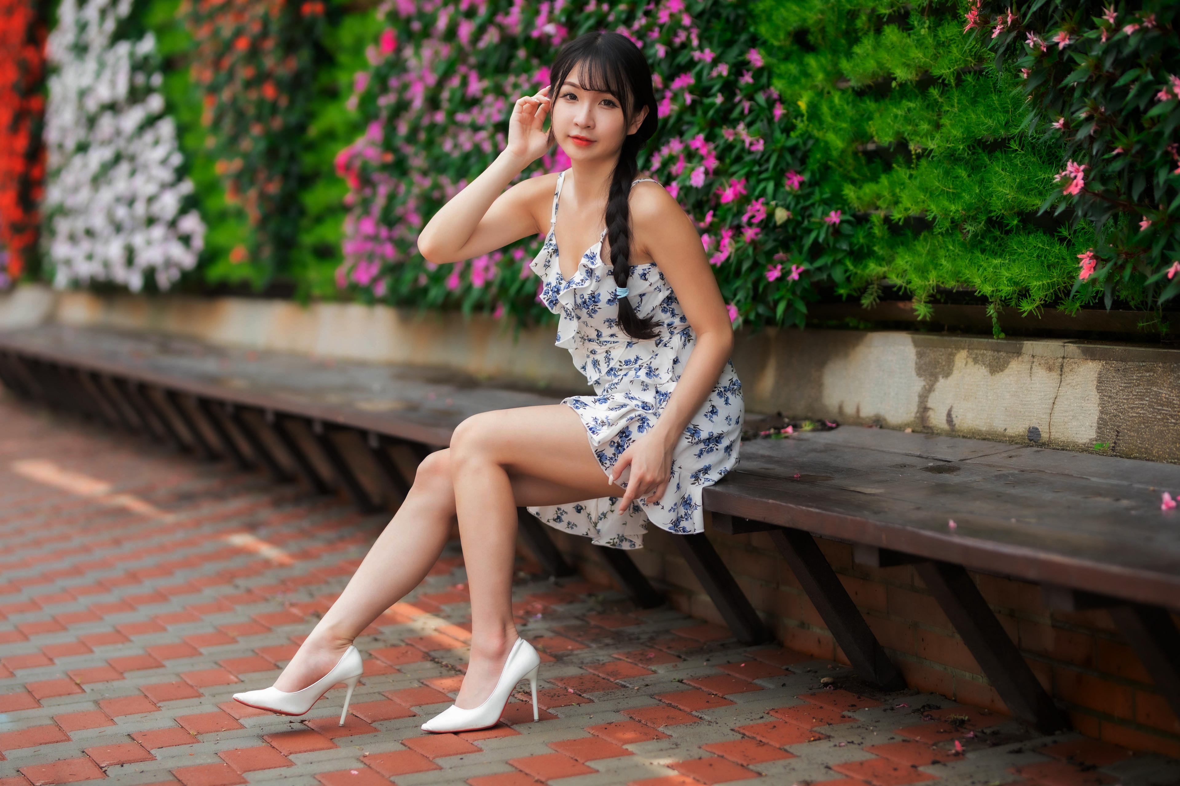Asian Model Women Long Hair Dark Hair Sitting Bench High Heels 3840x2560