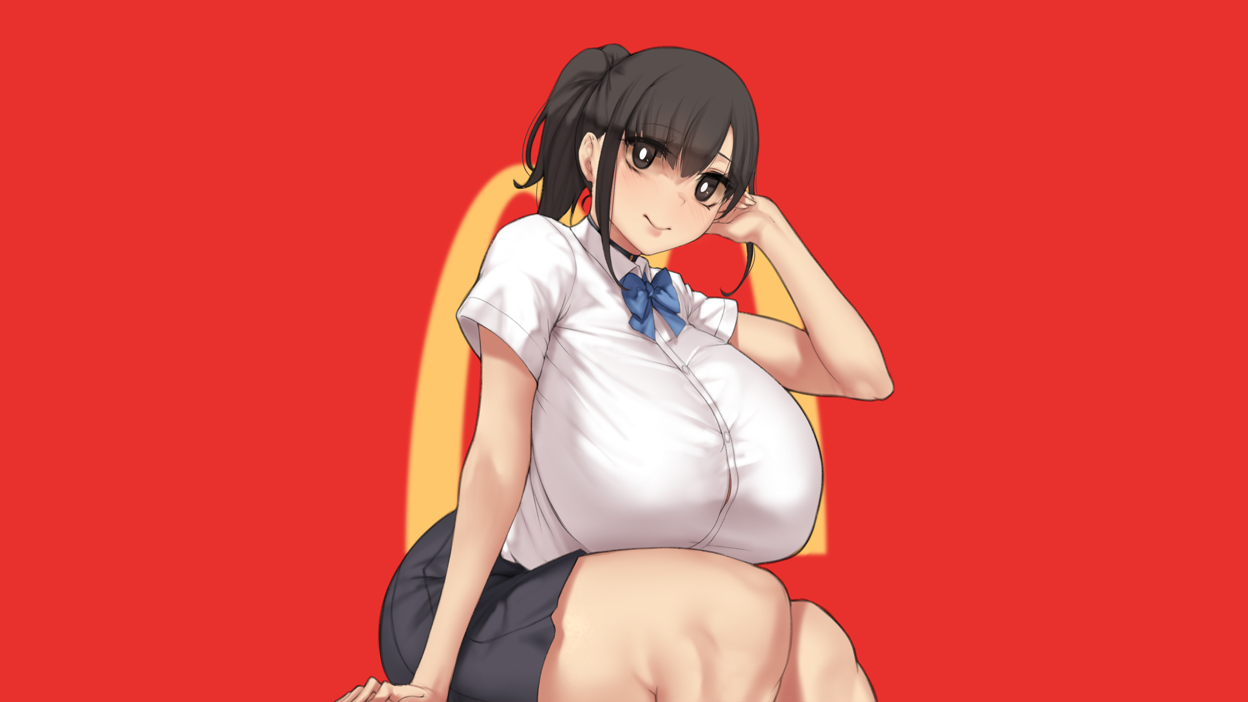 Anime Anime Girls Simple Background Minimalism Red Background McDonalds School Uniform Schoolgirl Si 2560x1440