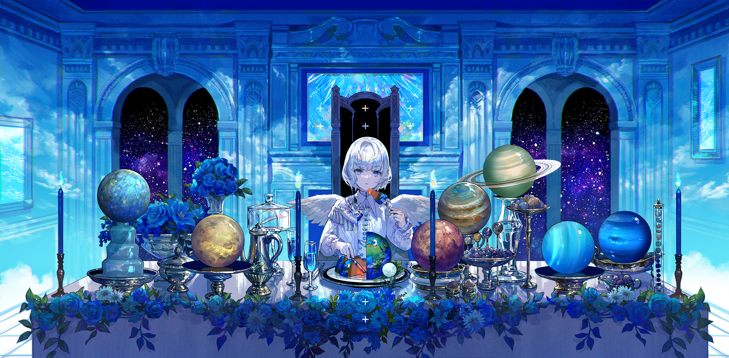 Fuji Choko Blue Flowers Angel Wings Candles Planet Banquet White Hair Blue Eyes Looking At Viewer Ea 2500x1230