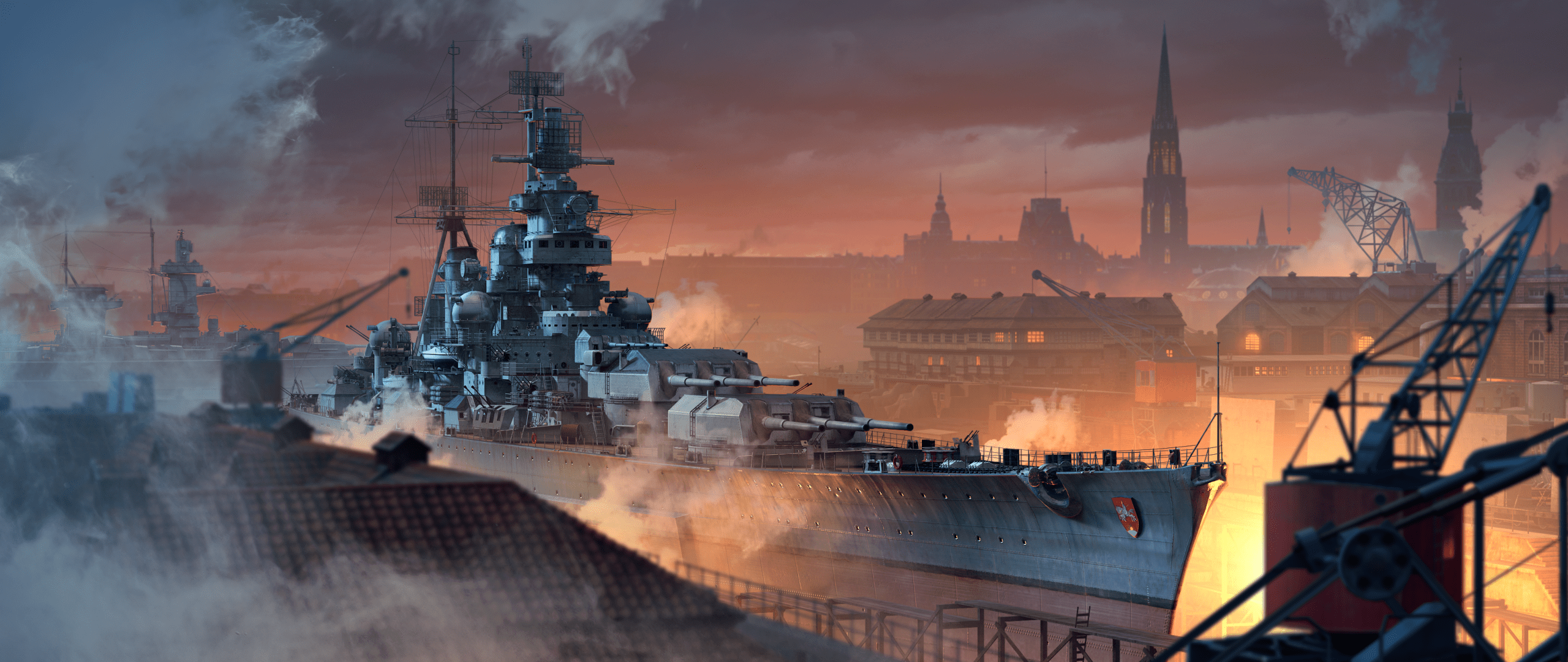 Odin Ship World Of Warships Wargaming Ship Battleships Artwork PC Gaming Video Games Sunset Architec 2560x1080