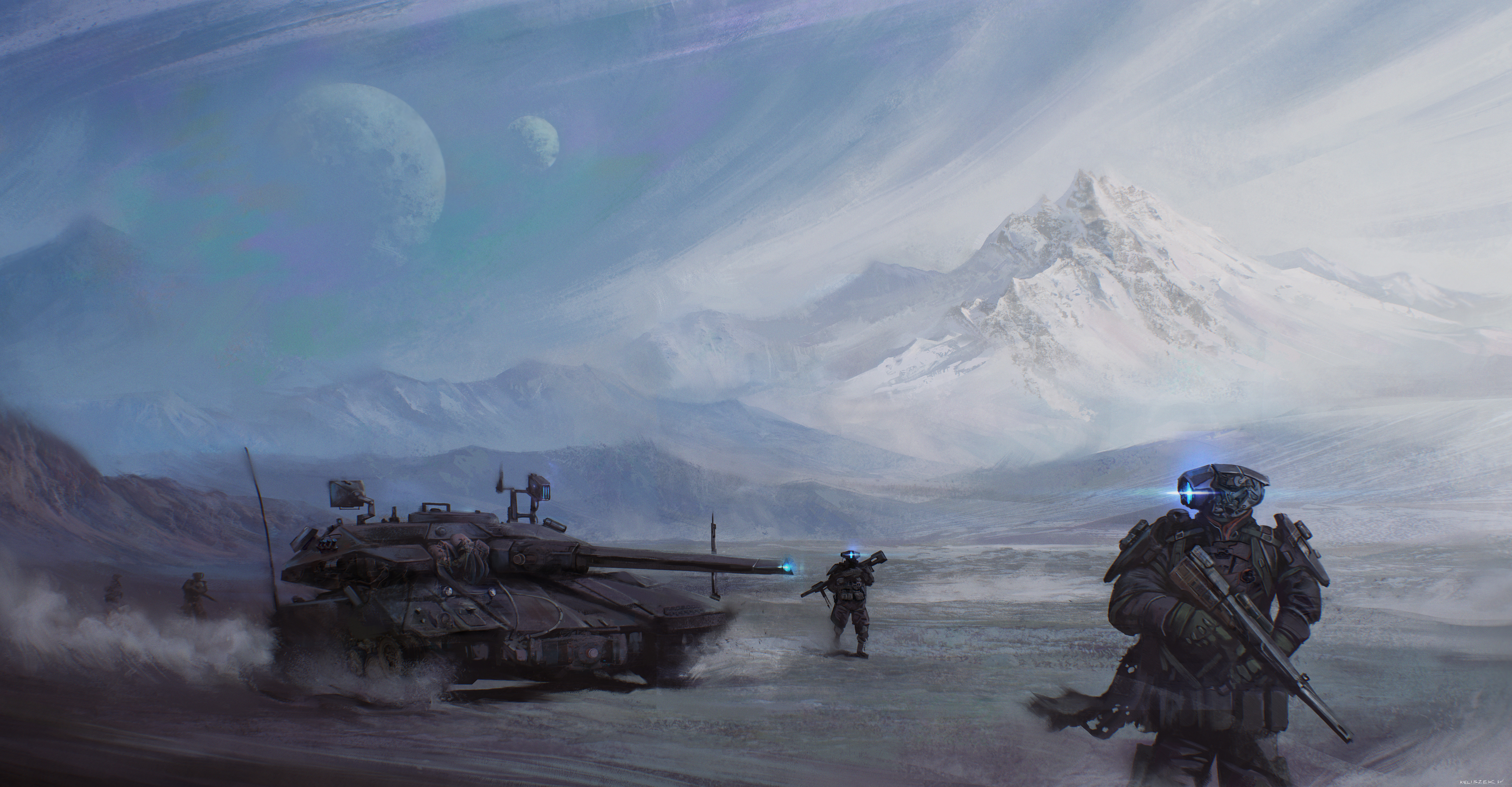 Digital Art Artwork Illustration Digital Painting Dariusz Kieliszek Robot Cyborg Landscape Mountains 5000x2602