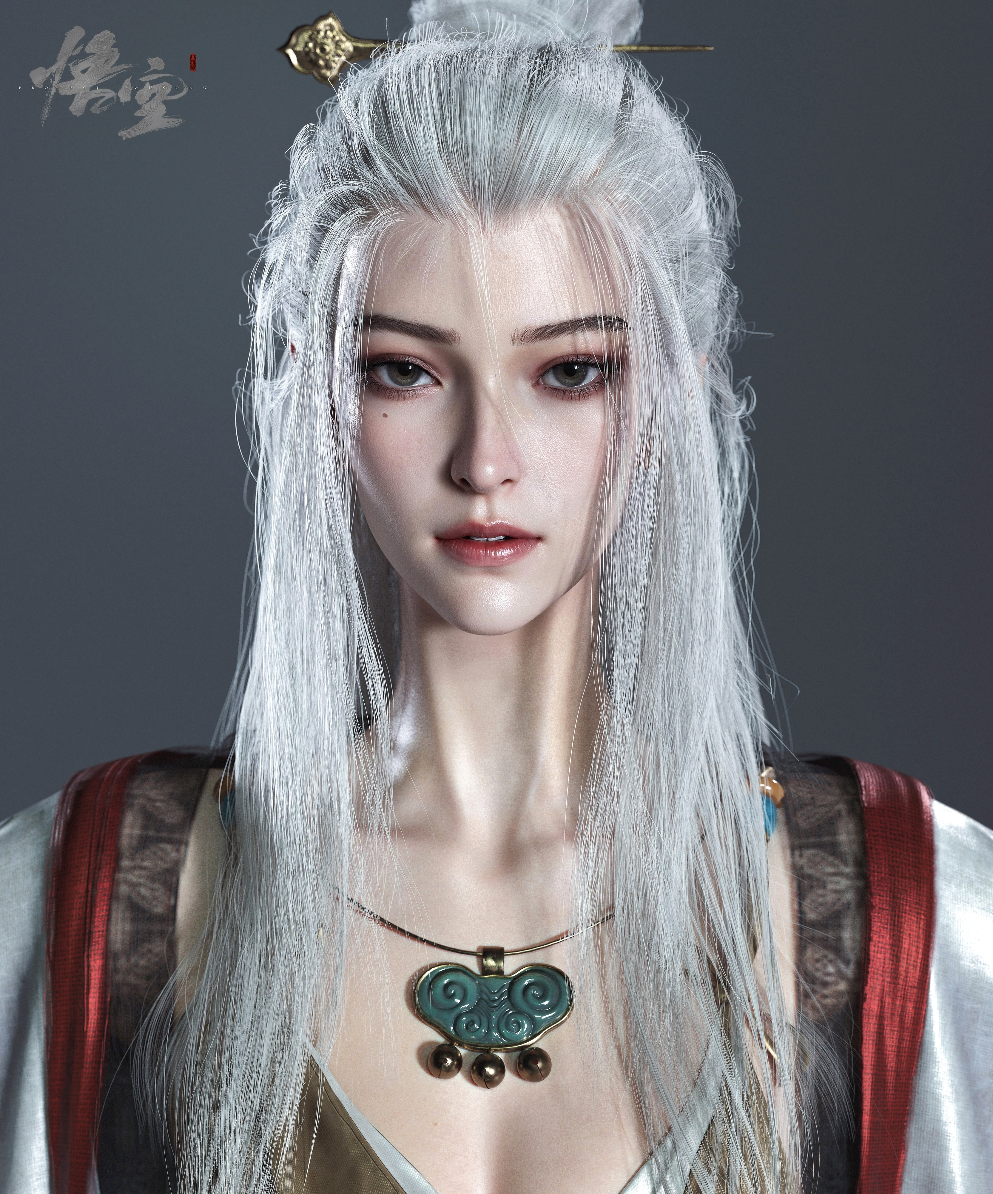 Chen Wang CGi Portrait Silver Hair Necklace Hairpins Portrait Display Digital Art Simple Background  3328x4000