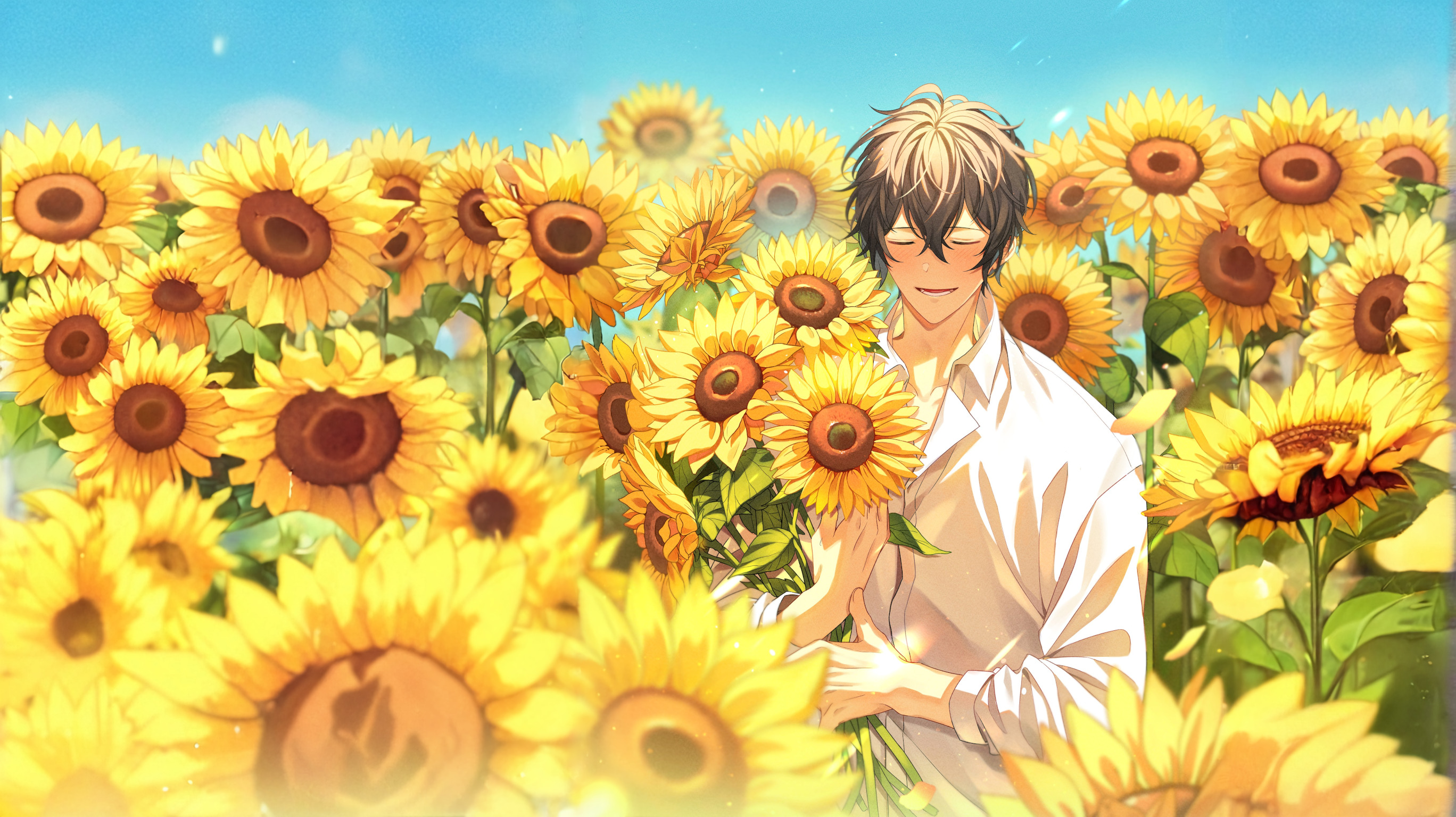 Murata Ugetsu Given Sunflowers Outdoors Flowers Smiling Yellow Anime Boys 2736x1536