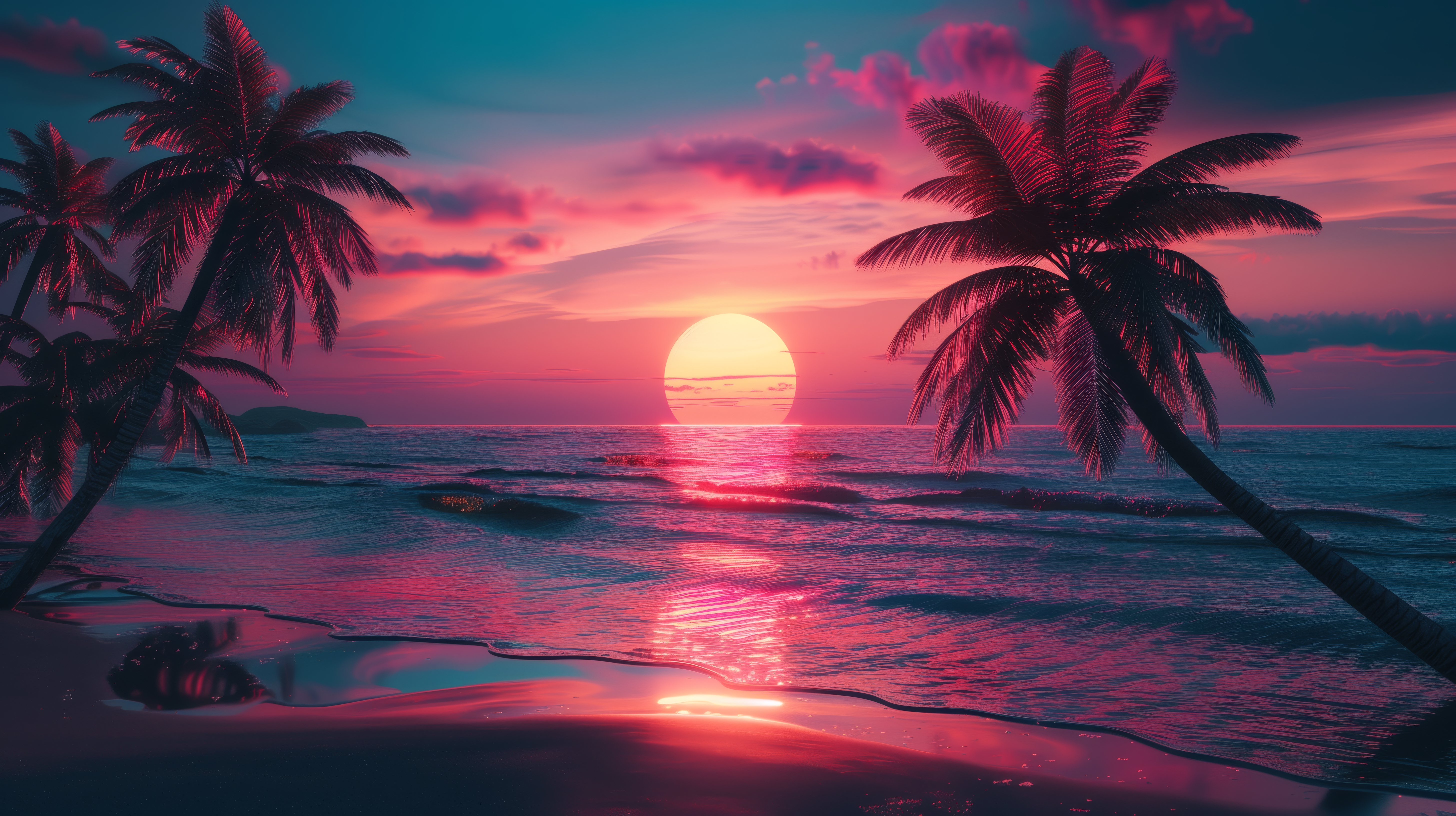 Synthwave Sunset Palm Trees Beach Waves Sea Clouds 5824x3264